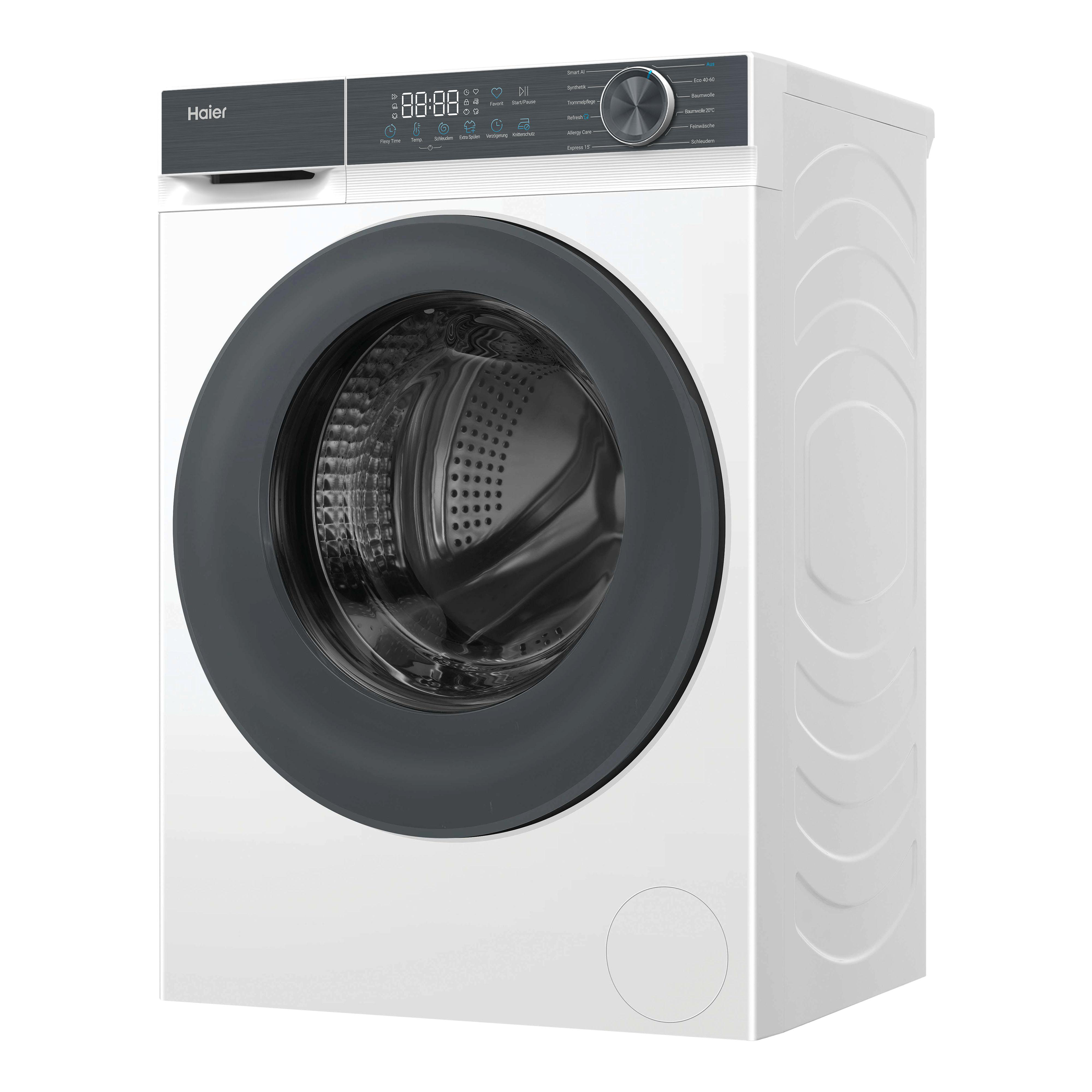 Eine weiße Haier Waschmaschine mit schwarzem Bedienfeld und runder Glastür.