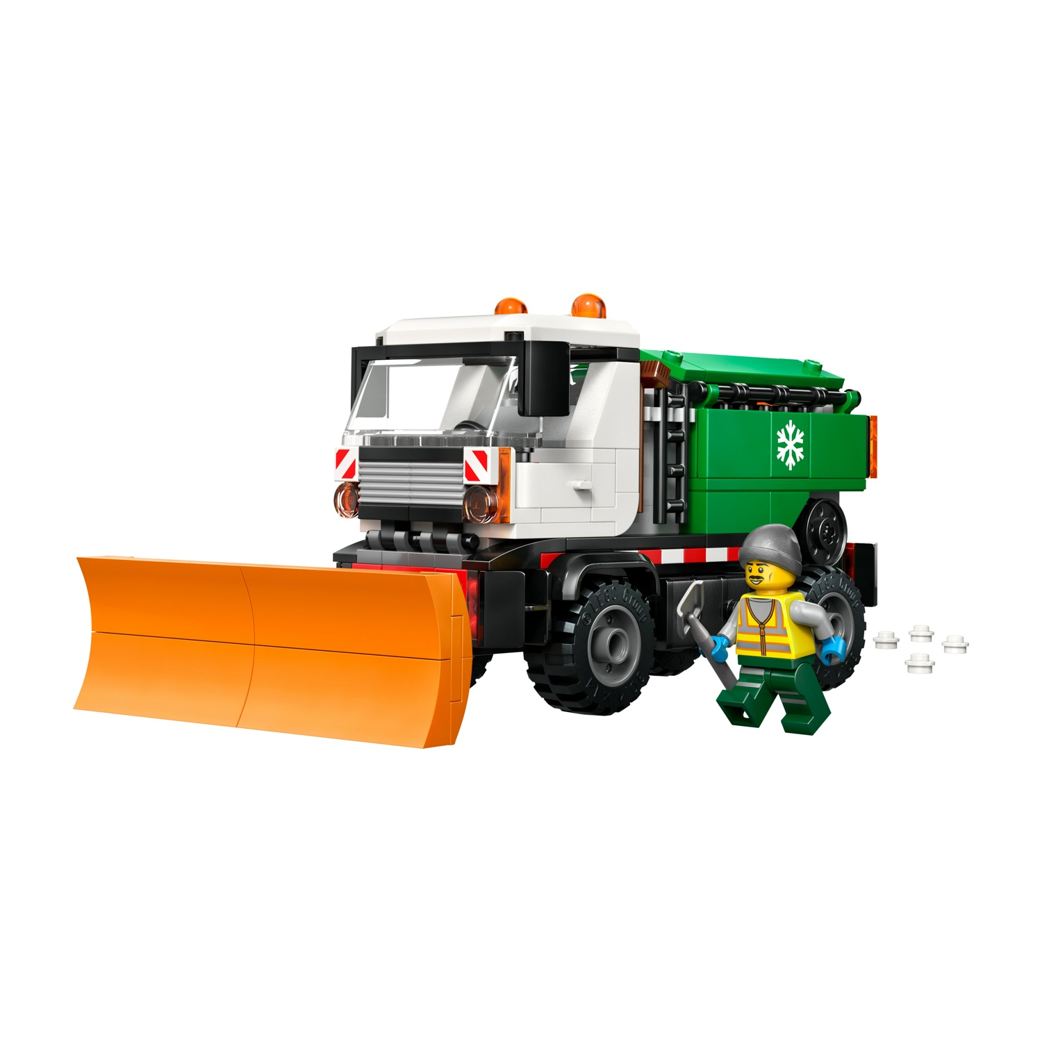Camion spaneve Lego con cassone verde, lama arancione e minifigura con pala su sfondo bianco.