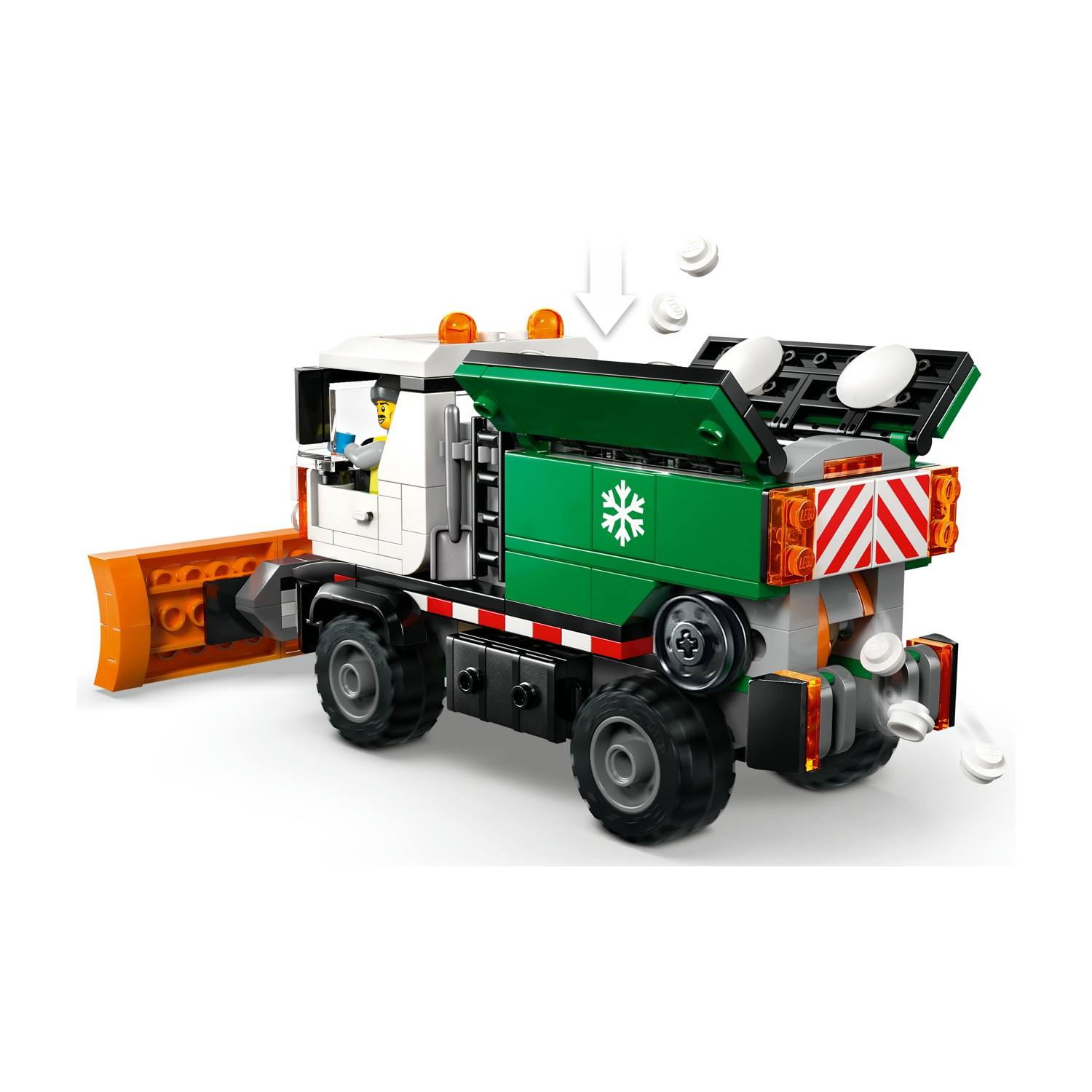 Spazzaneve LEGO verde, bianco e arancione con una minifigure alla guida e mattoncini bianchi.