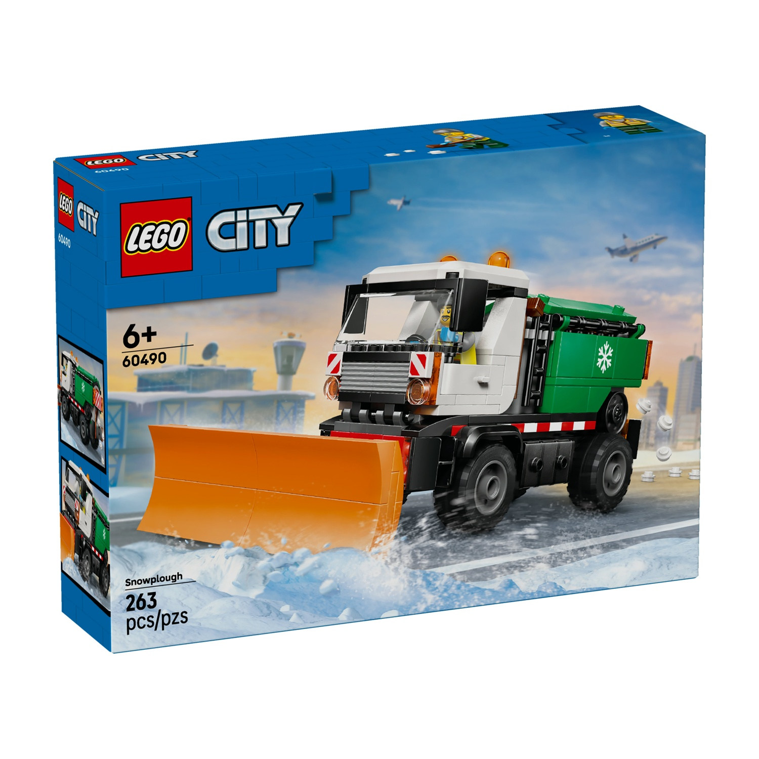 Set LEGO City Spaneve con camion bianco, lama arancione e cassone verde su sfondo invernale.