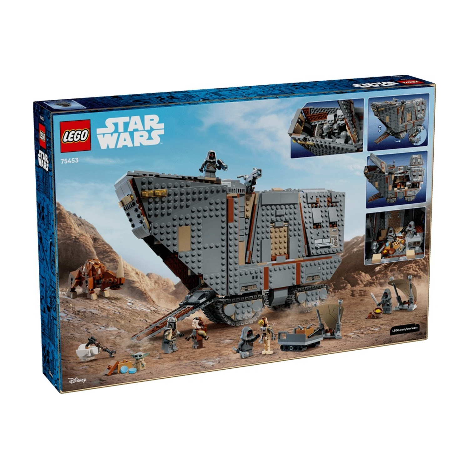 Scatola di set Lego Star Wars con un grande veicolo grigio, minifigure e un paesaggio desertico.