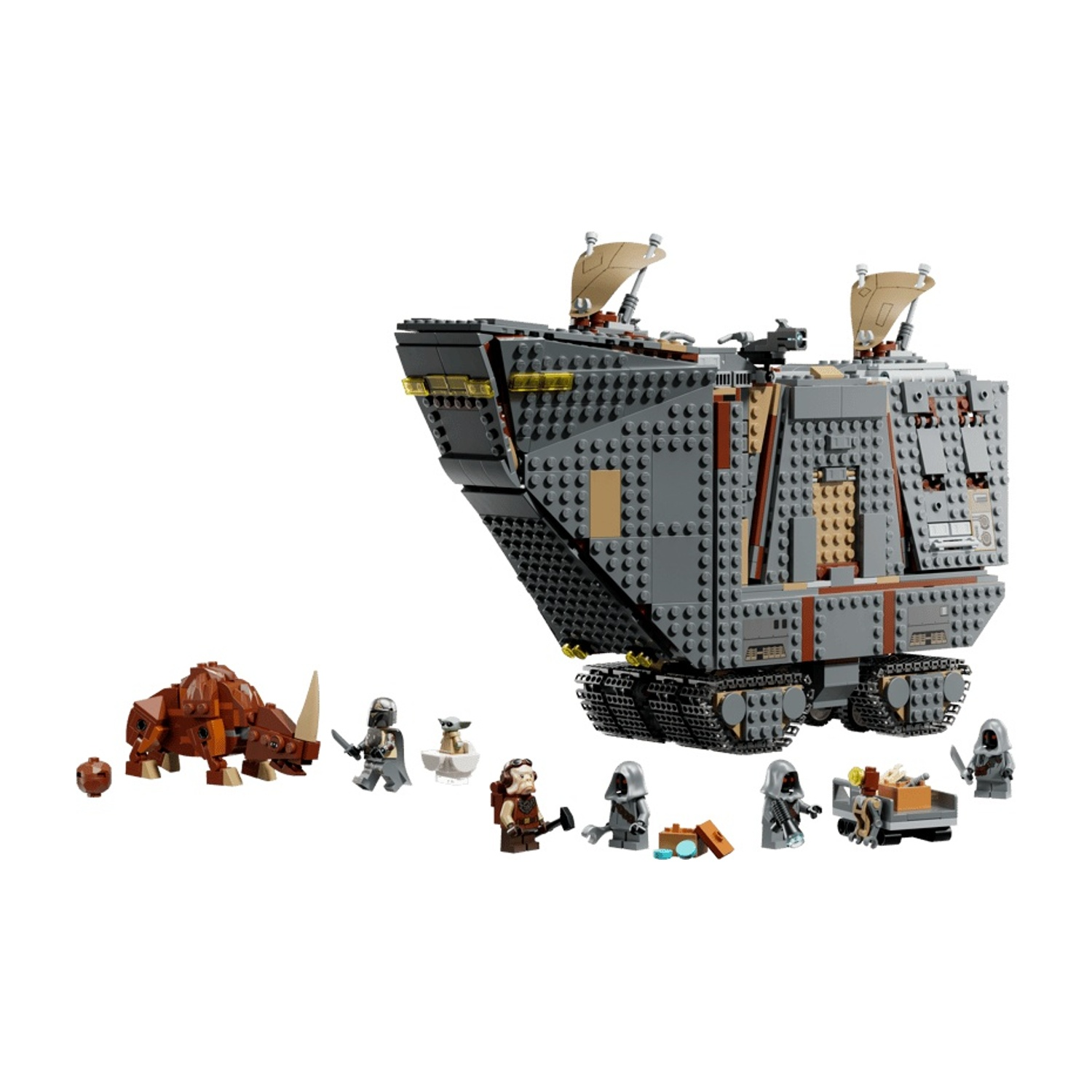 Set di veicoli da trasporto corazzati Lego Star Wars con minifigure su sfondo bianco.