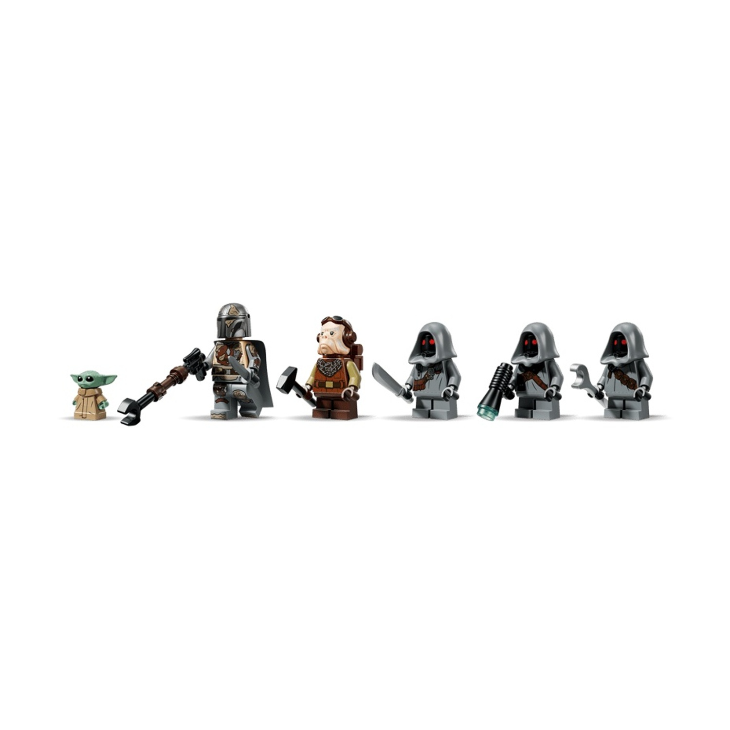 Minifigure Lego Star Wars tra cui Il Mandaloriano, Grogu, Kuiil e tre Jawa incappucciati su sfondo bianco.