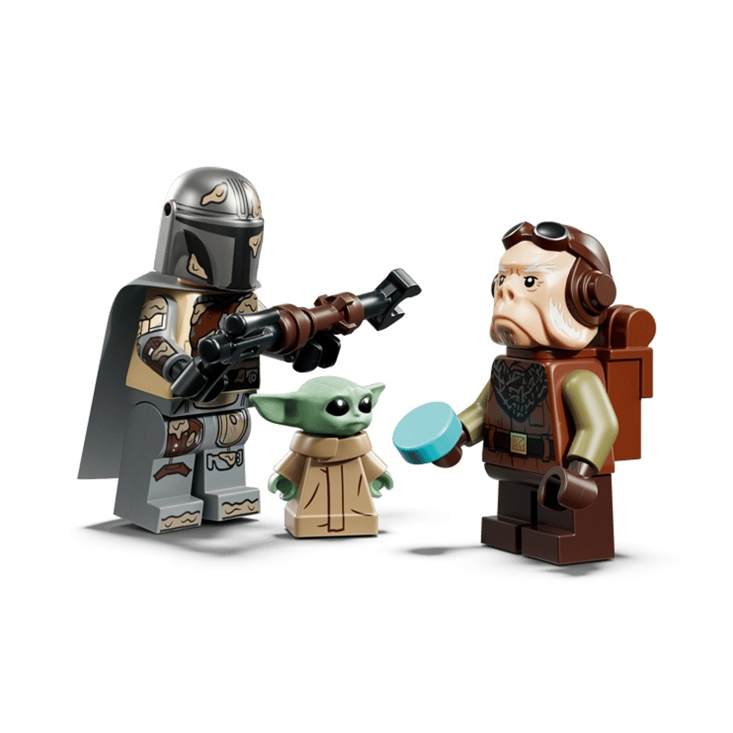 Tre personaggi Lego di Star Wars: Il Mandalorian con fucile, Grogu e Kuiil con un pezzo blu su sfondo bianco.