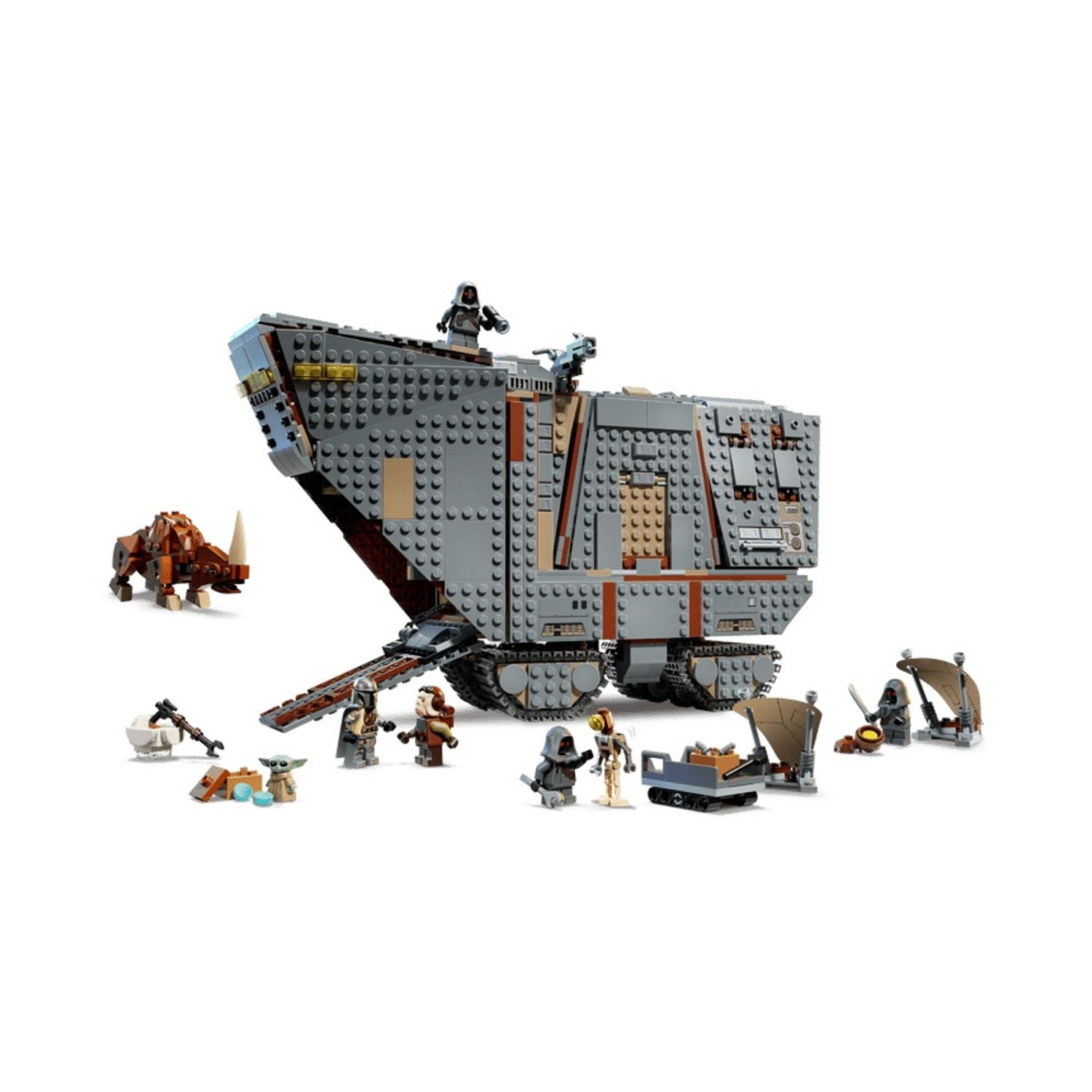 Set Lego Star Wars con grande veicolo corazzato grigio, minifigure e una creatura mudhorn costruibile.