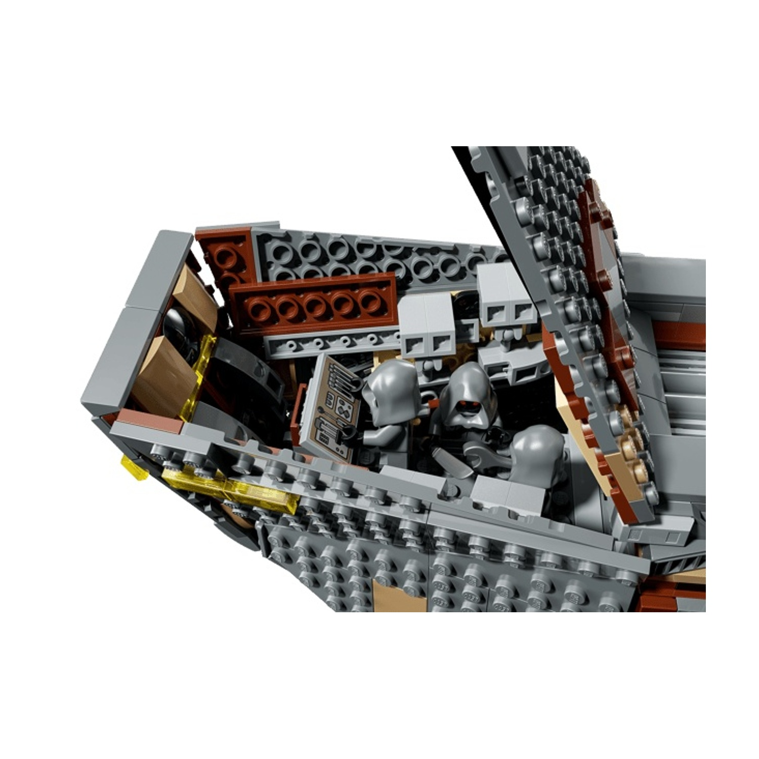 Abitacolo di astronave Lego Star Wars con minifigure grigie e console.
