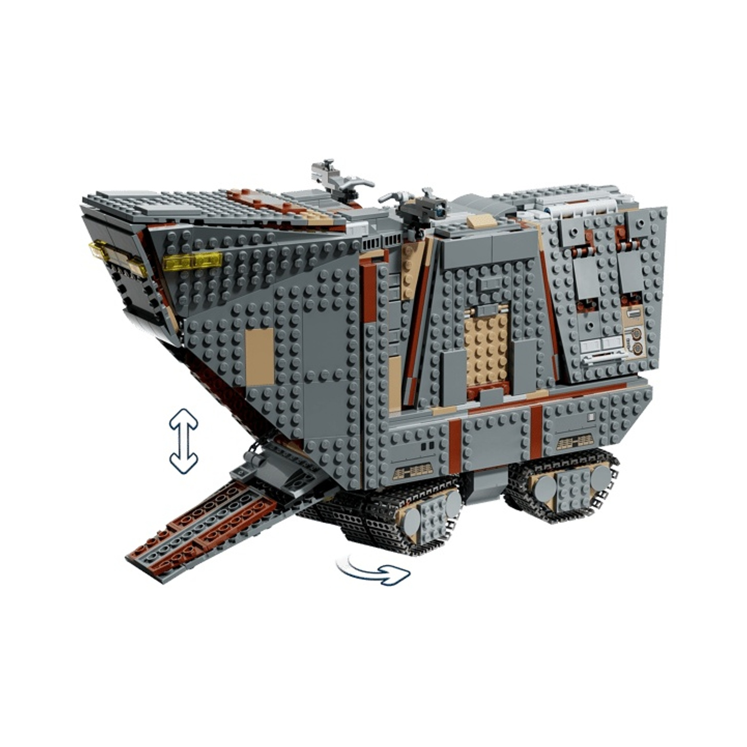 Un veicolo fantascientifico Lego grigio con cingoli e rampa frontale.