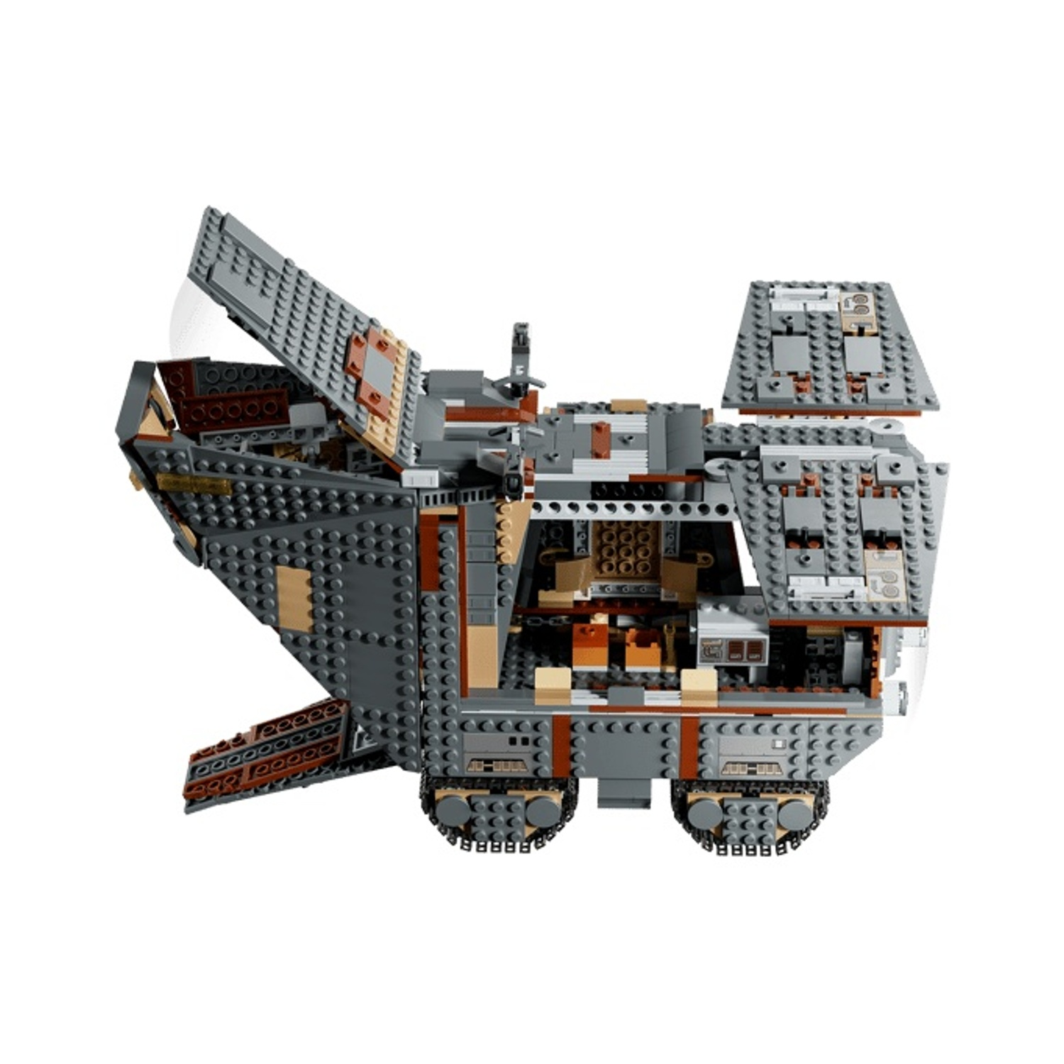 Un set Lego Star Wars Resistance Transport grigio e marrone con pannelli aperti che mostrano l'interno.