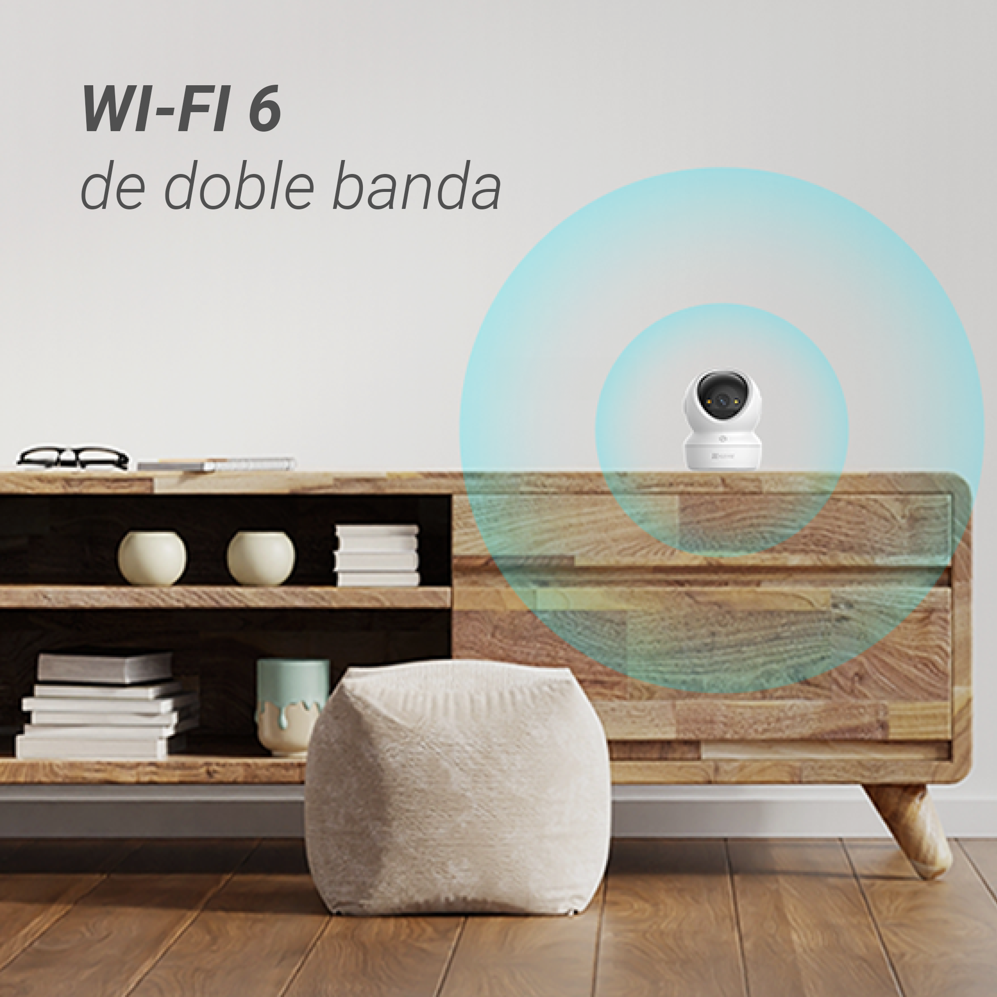 Cámara wifi en un aparador con icono de señal azul y texto.