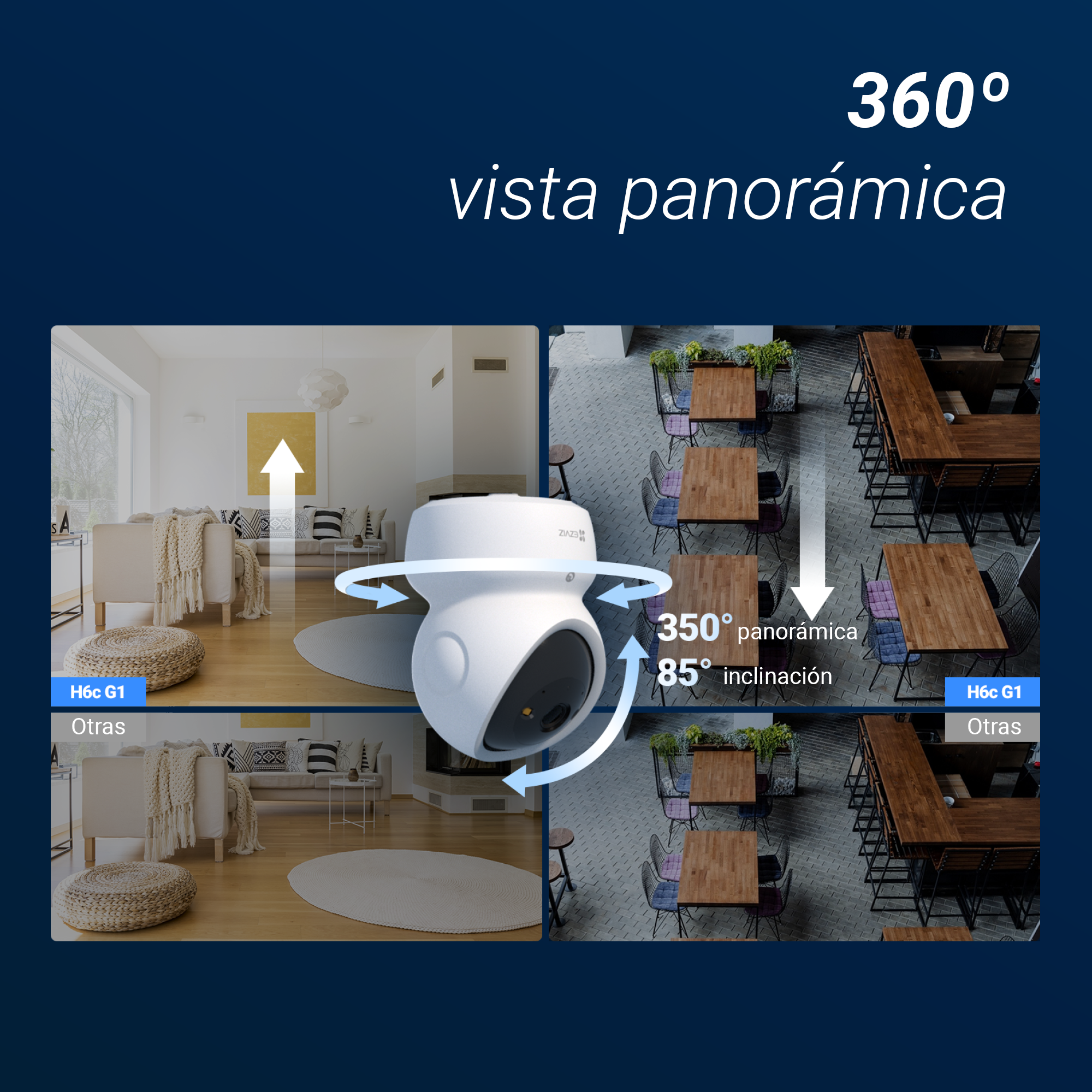 Cámara de seguridad con giro de 350 grados y 85 de inclinación mostrando vistas interiores.