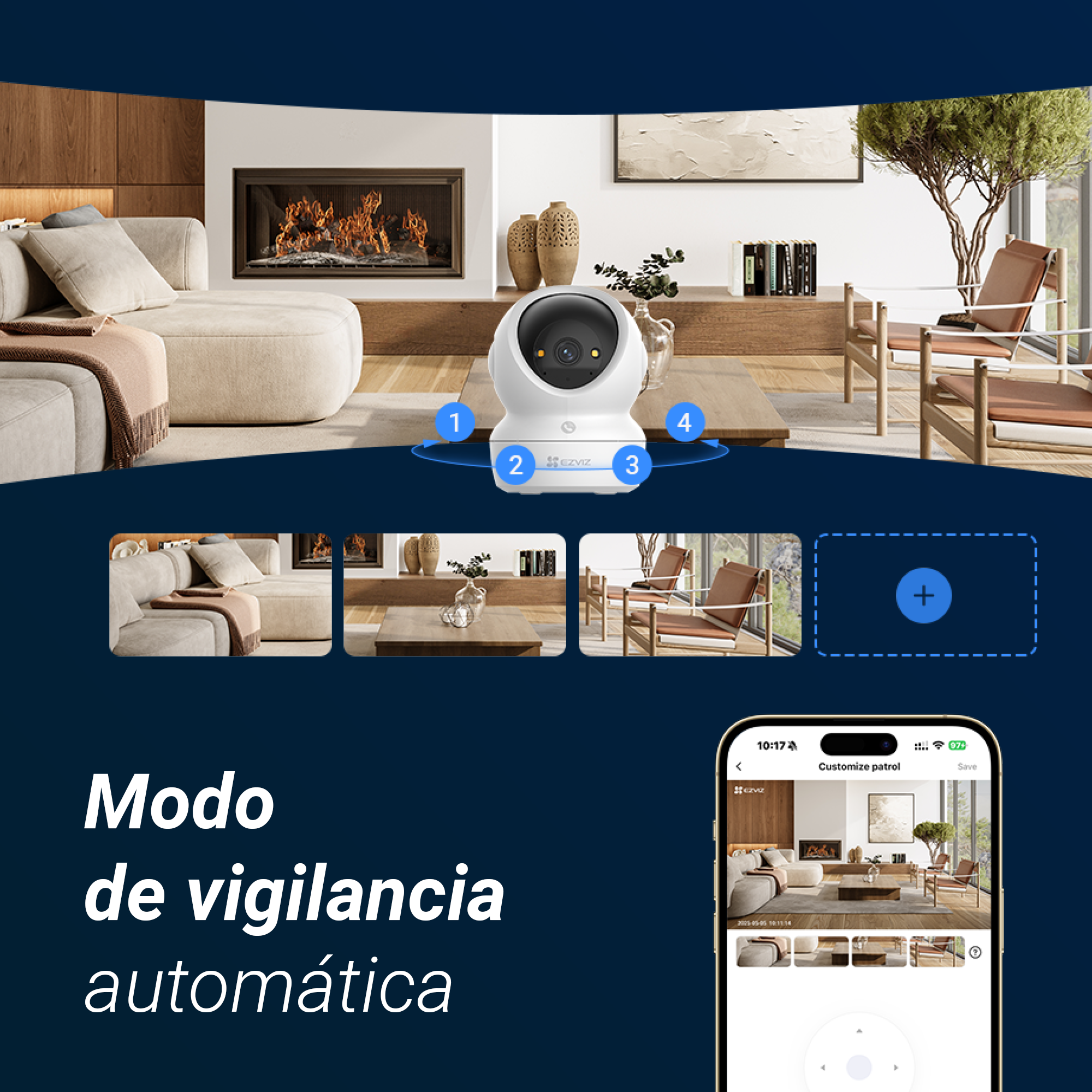 Cámara de vigilancia con visión de 360 grados en una sala moderna.