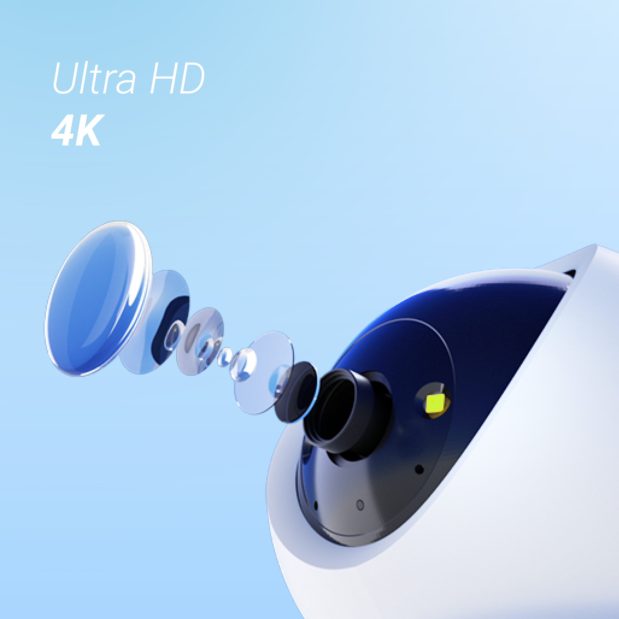 Vista explosionada de una cámara de seguridad blanca Ultra HD 4K que muestra sus lentes de vidrio internas.