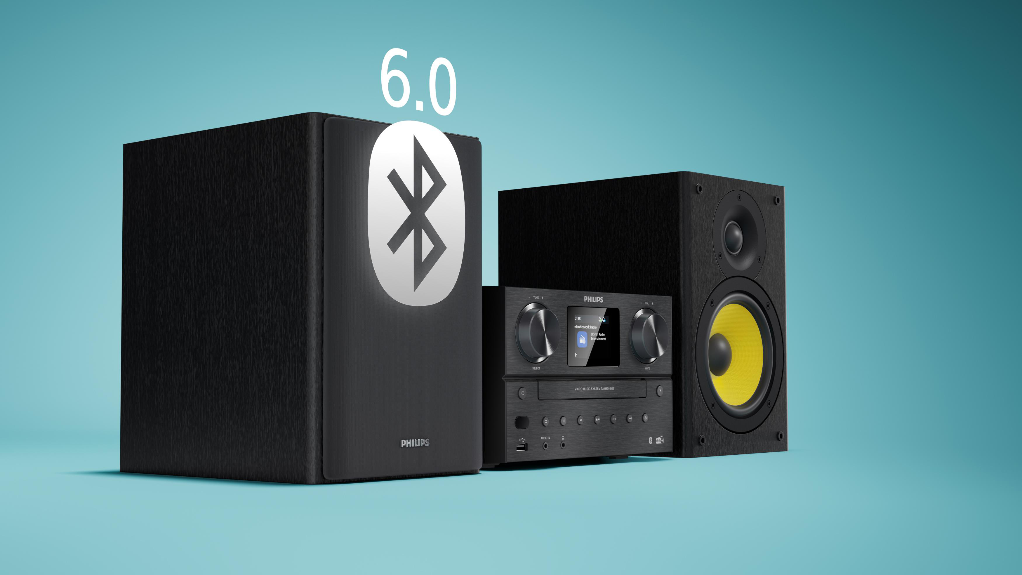 Schwarzes Philips Audiosystem mit Lautsprechern, Bluetooth-Symbol und der Zahl 6.0 auf blauem Hintergrund.