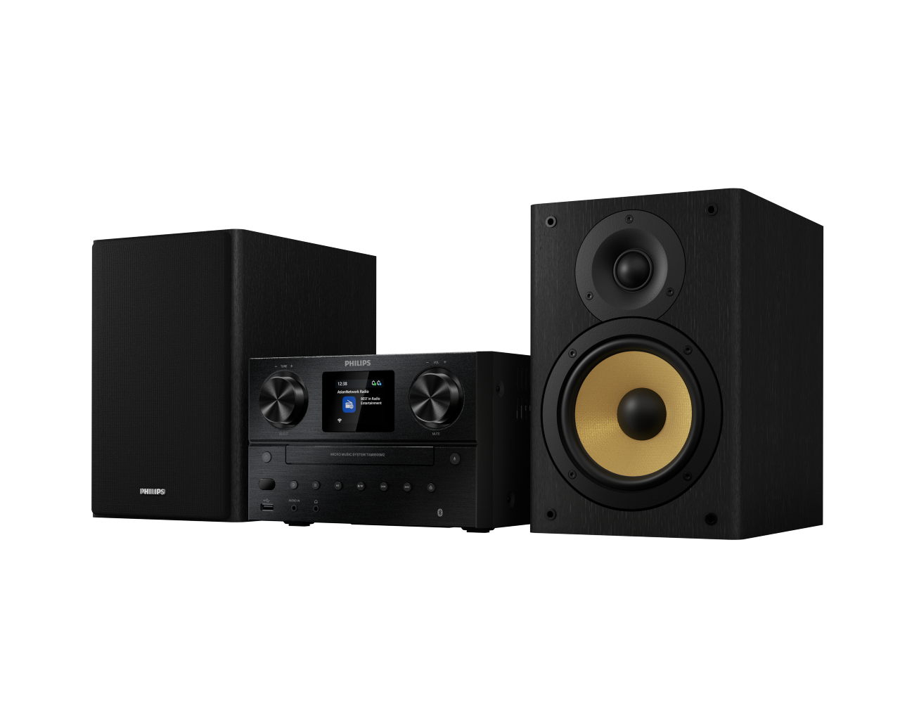 Schwarzes Philips Micro-Hifi-System mit zwei Lautsprechern, gelbe Membranen.