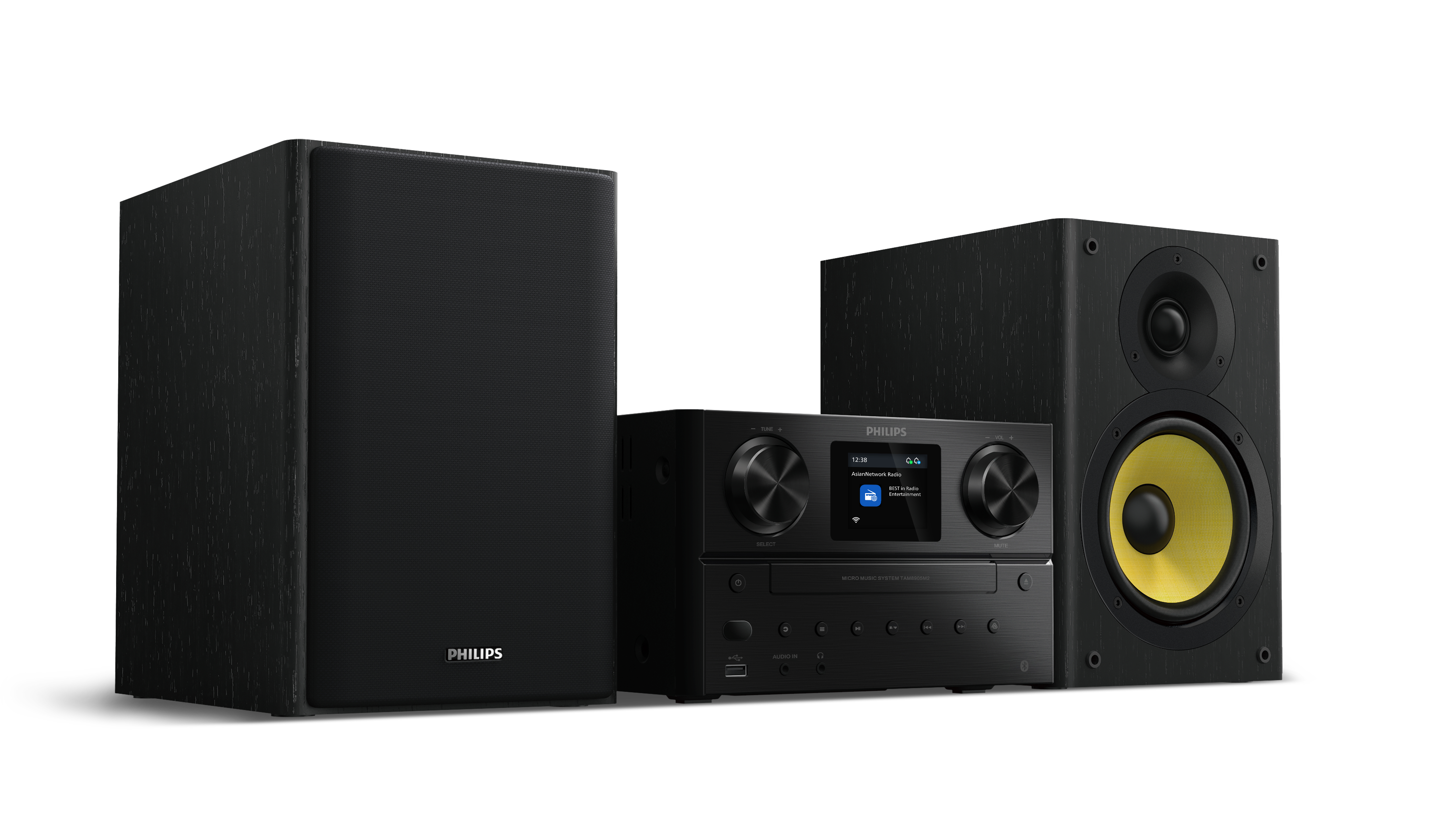 Schwarzes Philips Micro-Musicsystem mit zwei Lautsprechern, einer mit gelbem Konus.