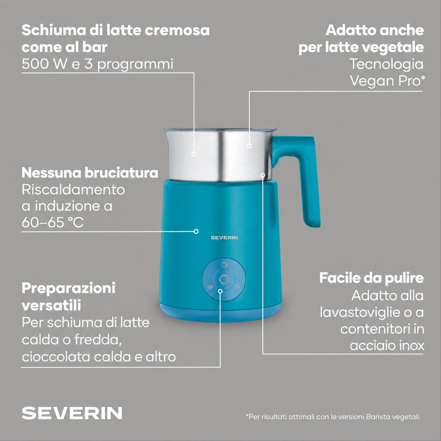 Montalatte turchese con contenitore in acciaio inox e testi descrittivi.