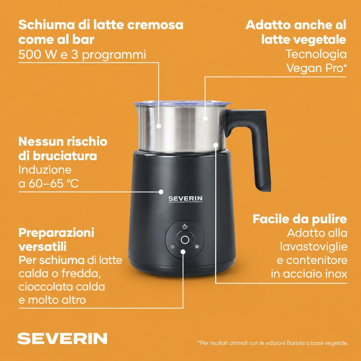 Montalatte Severin nero su sfondo arancione con testo descrittivo delle funzioni.