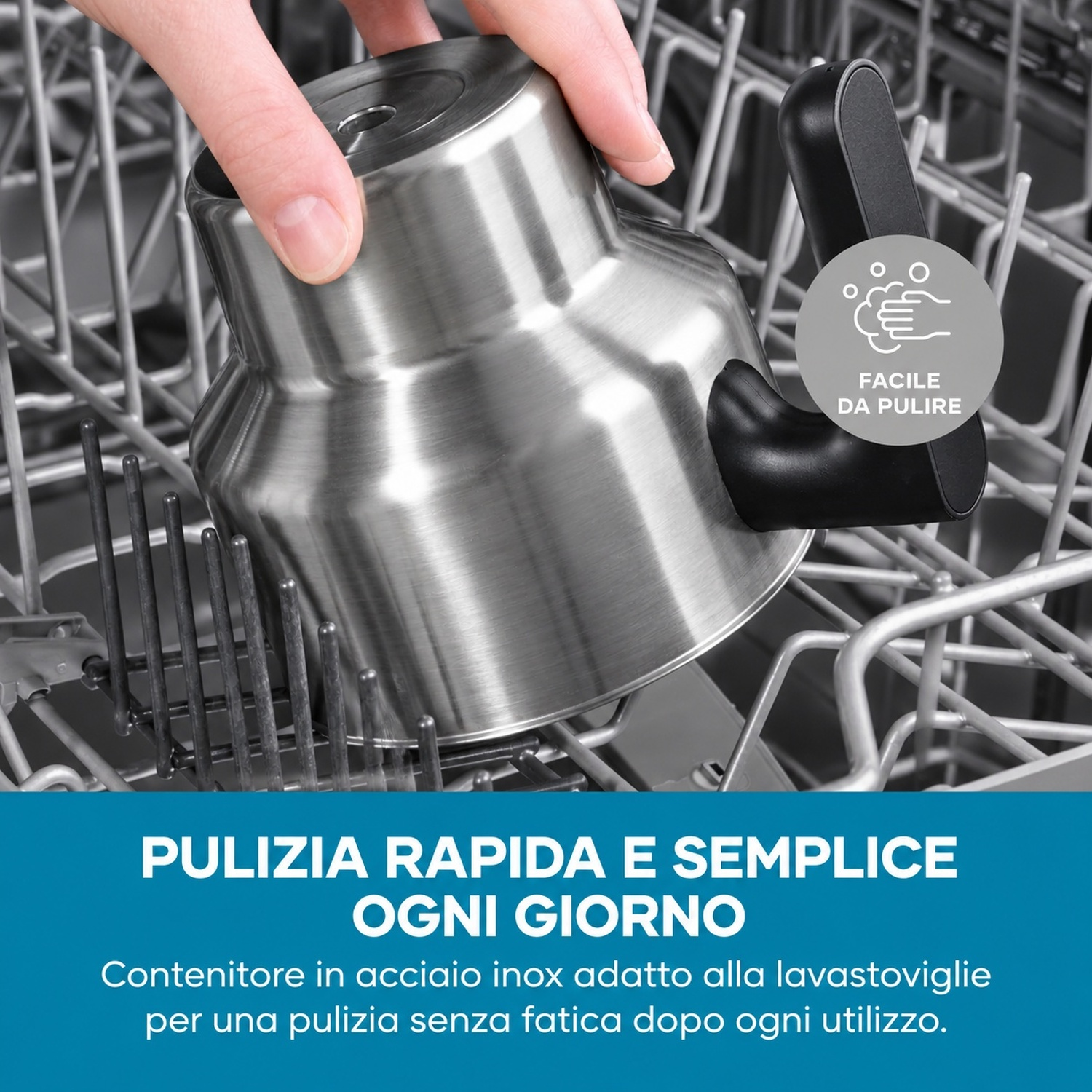 Contenitore in acciaio inossidabile messo in lavastoviglie.