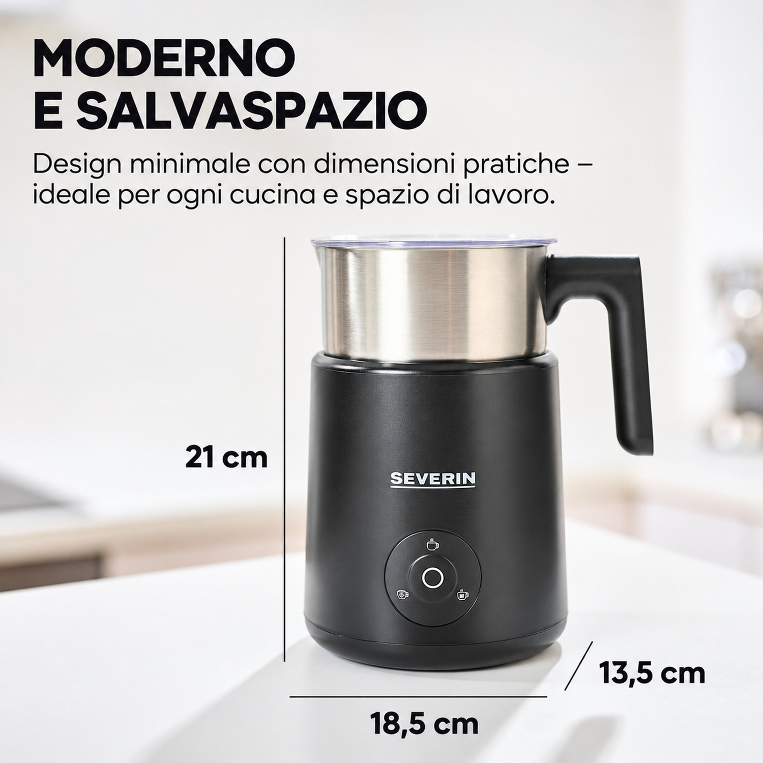 Montalatte Severin in nero e acciaio inox con dimensioni.