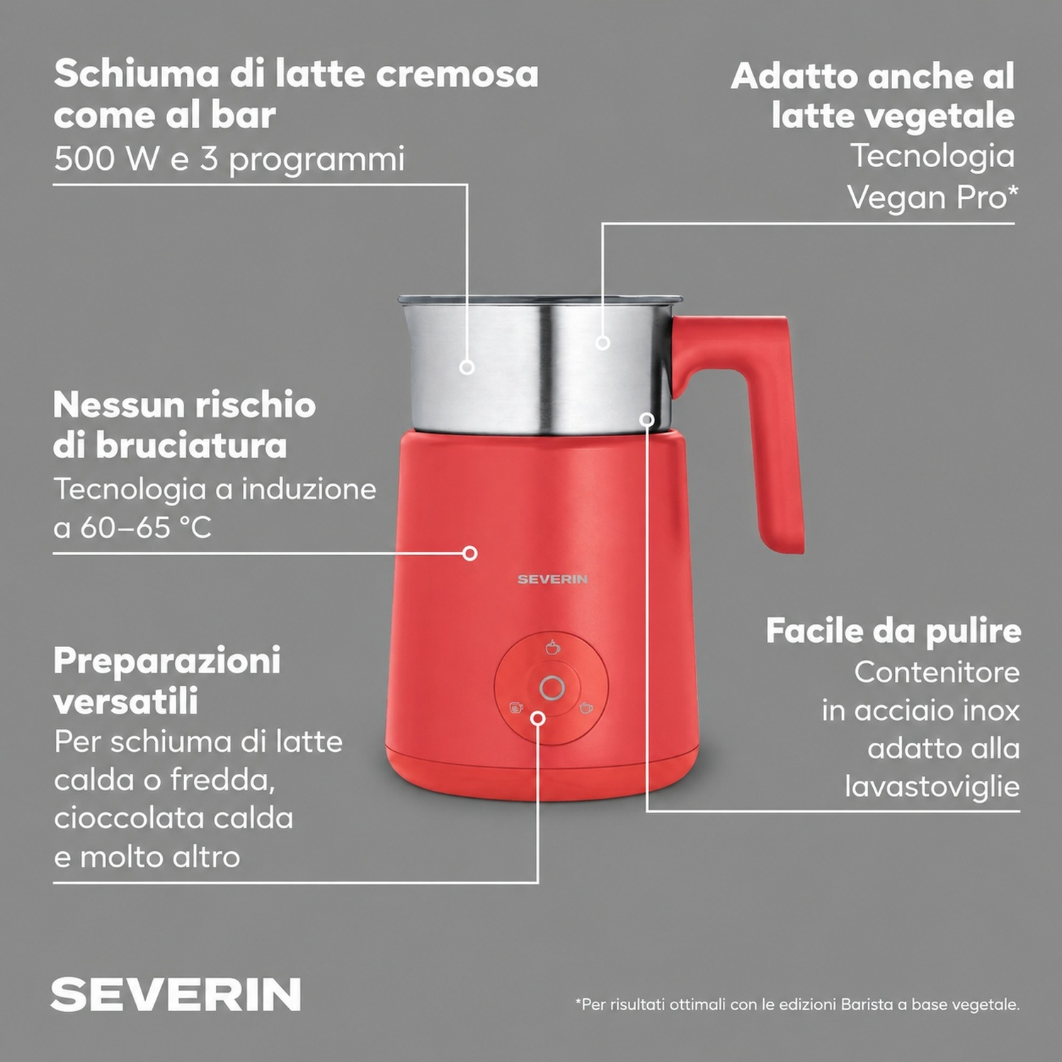 Montalatte rosso Severin con contenitore in acciaio inox e caratteristiche del prodotto etichettate.