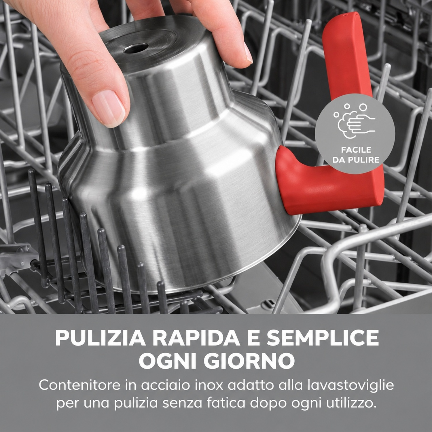 Contenitore in acciaio inox posizionato in lavastoviglie.