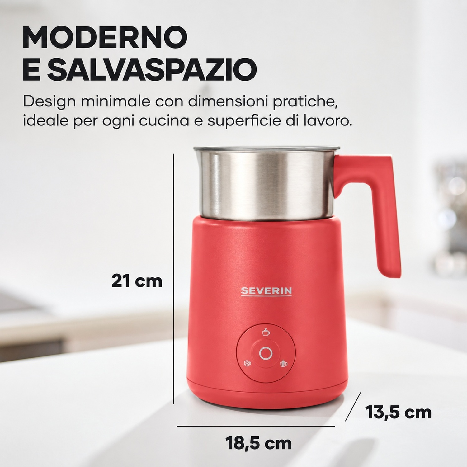 Un montalatte Severin rosso e argento su superficie bianca con dimensioni di 21 cm di altezza e 18,5 cm di larghezza.