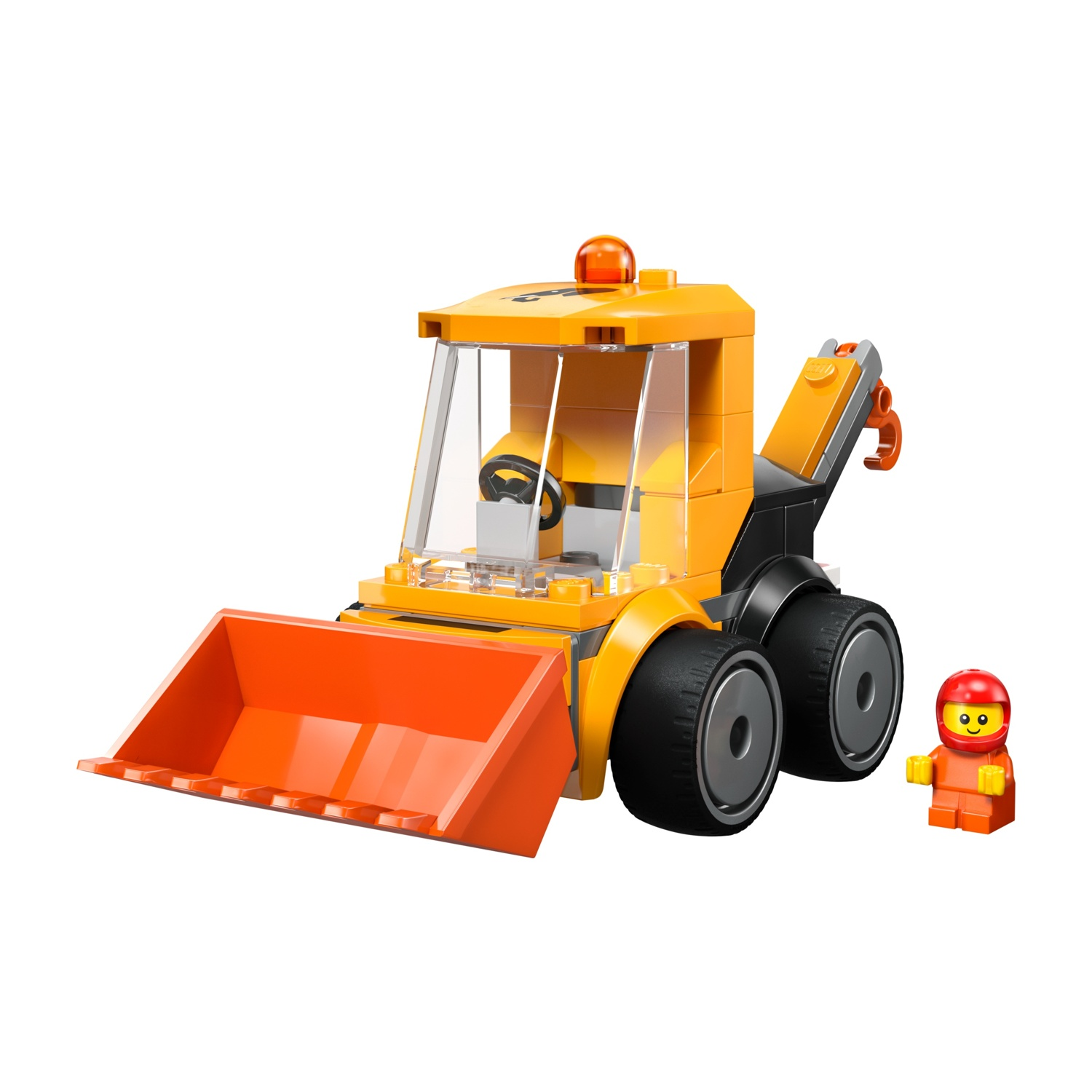 Un bulldozer Lego giallo con una grande benna anteriore e una piccola figura Lego con casco rosso su sfondo bianco.