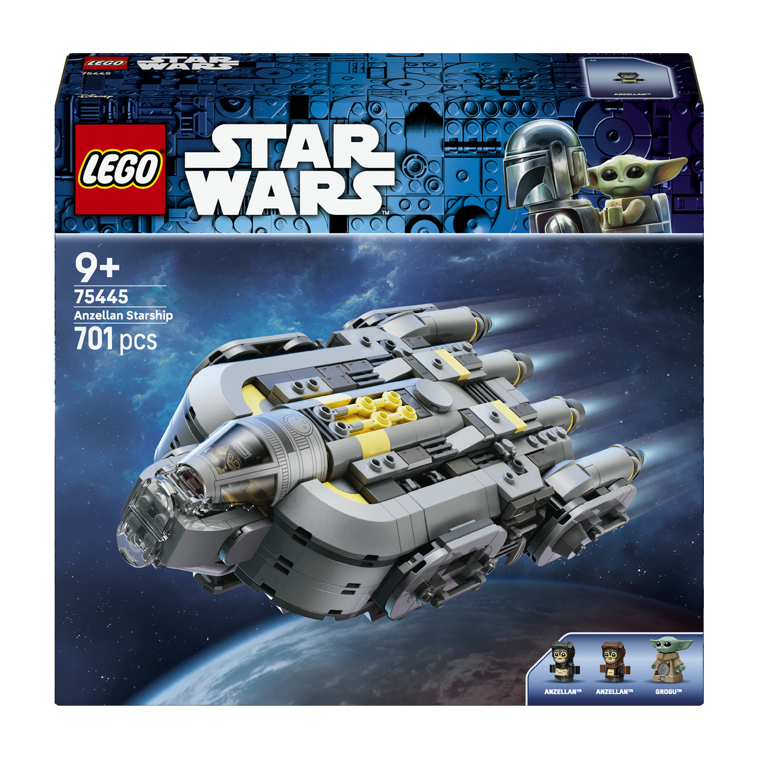 Scatola del set Lego Star Wars Anzellan Starship con una nave grigia su sfondo spaziale e tre minifigure.