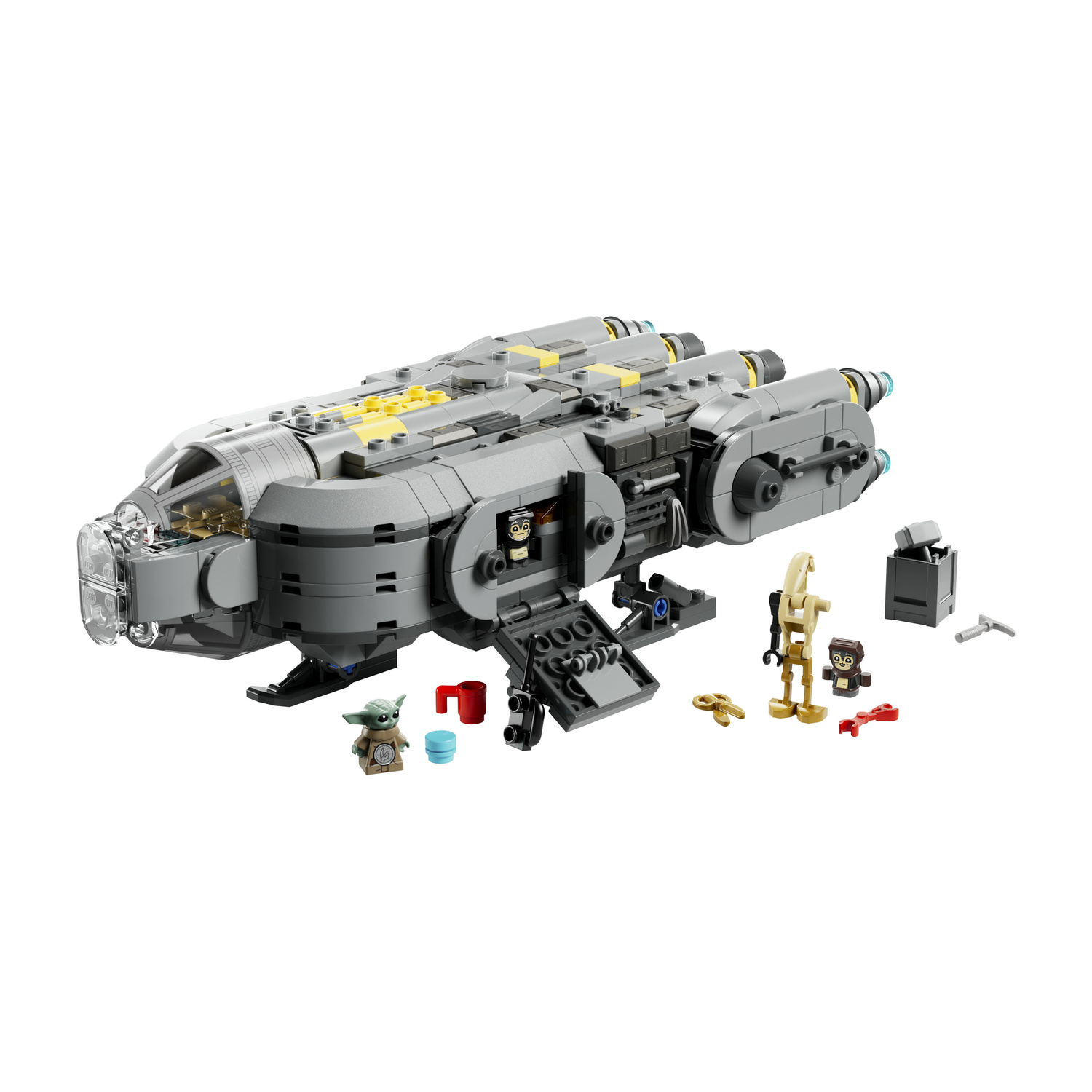Astronave Lego Star Wars con minifigure e accessori su sfondo bianco.