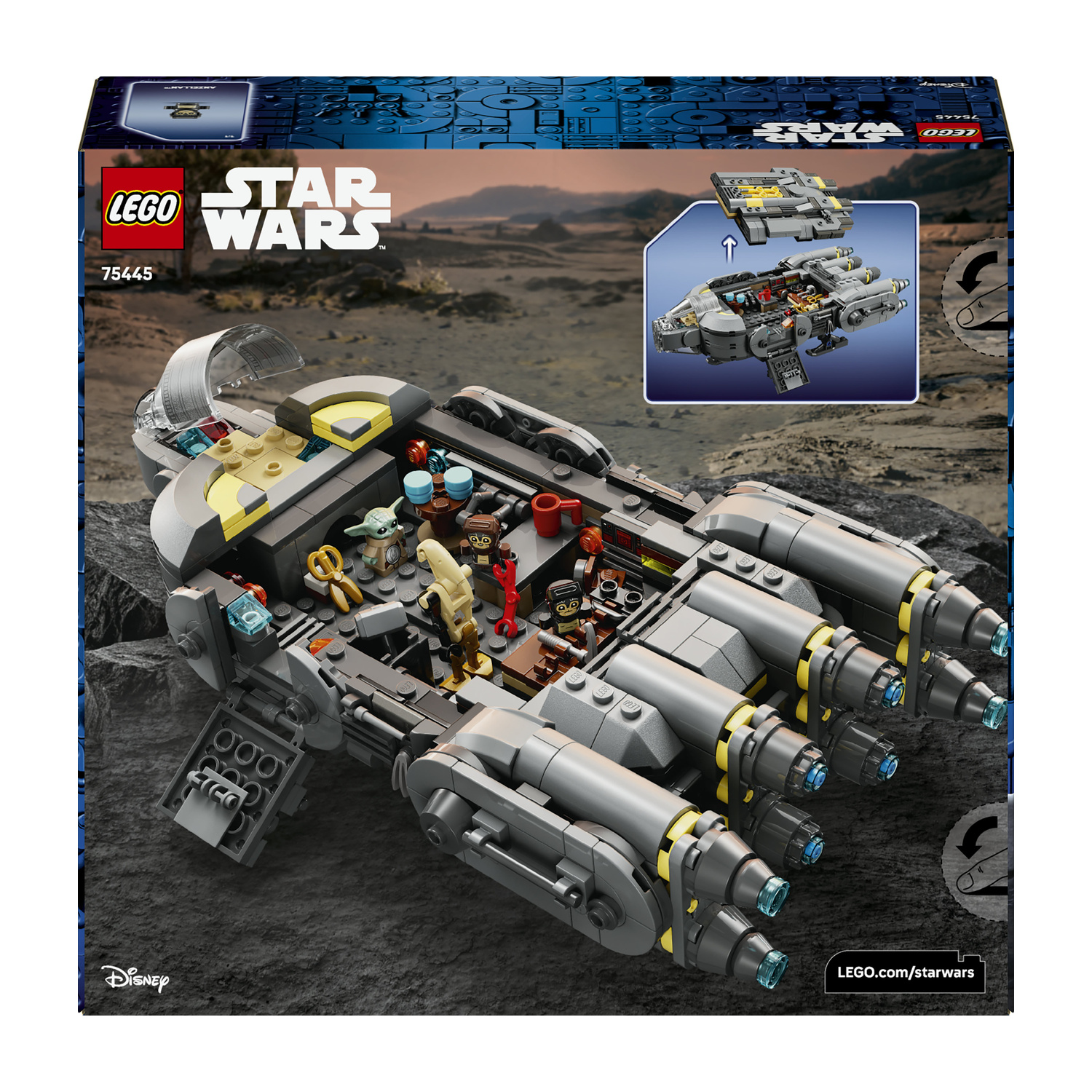 Set LEGO Star Wars 75445, astronave grigia con minifigure e interno aperto su terreno roccioso.