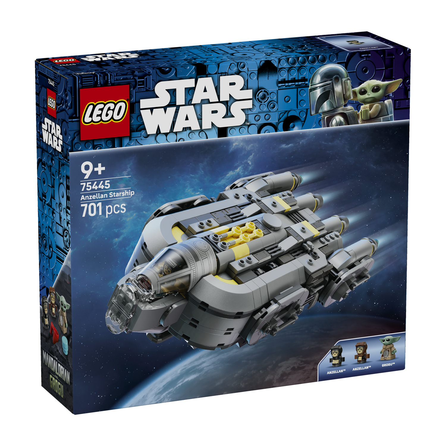 Scatola LEGO Star Wars 75445 Anzellan Starship con astronave grigia e minifigure su sfondo spaziale.
