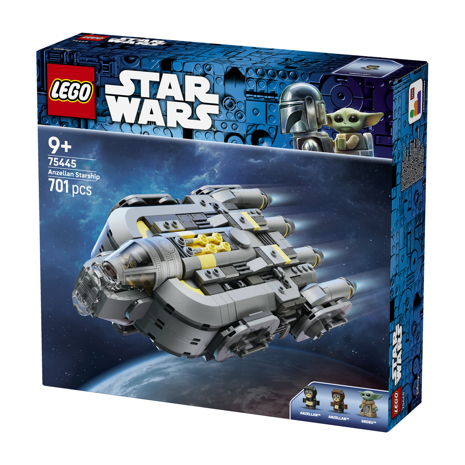 Set Lego Star Wars Anzellan Starship 75445 con nave spaziale grigia, personaggi e sfondo spaziale.
