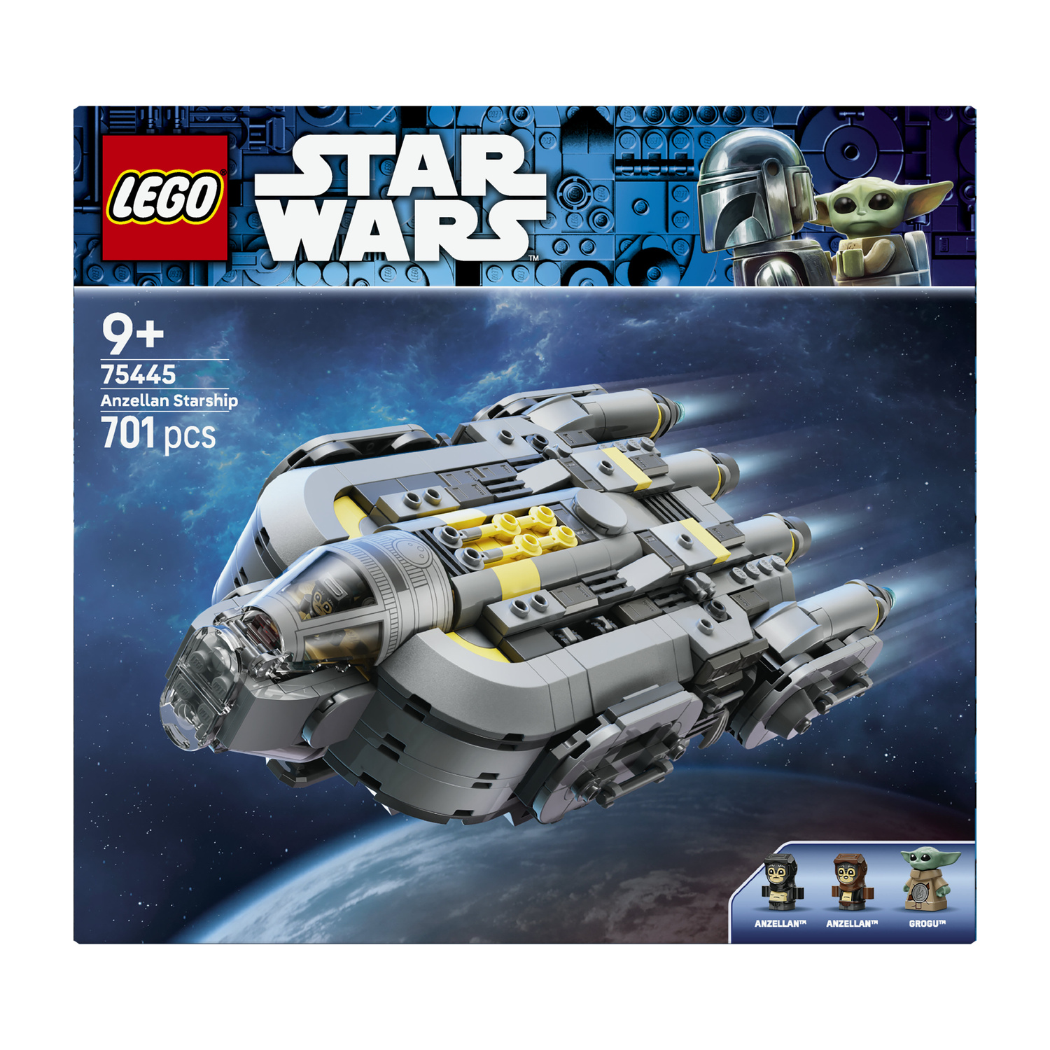 Scatola Lego Star Wars Anzellan Starship con astronave grigia nello spazio, logo Lego e tre minifigure.