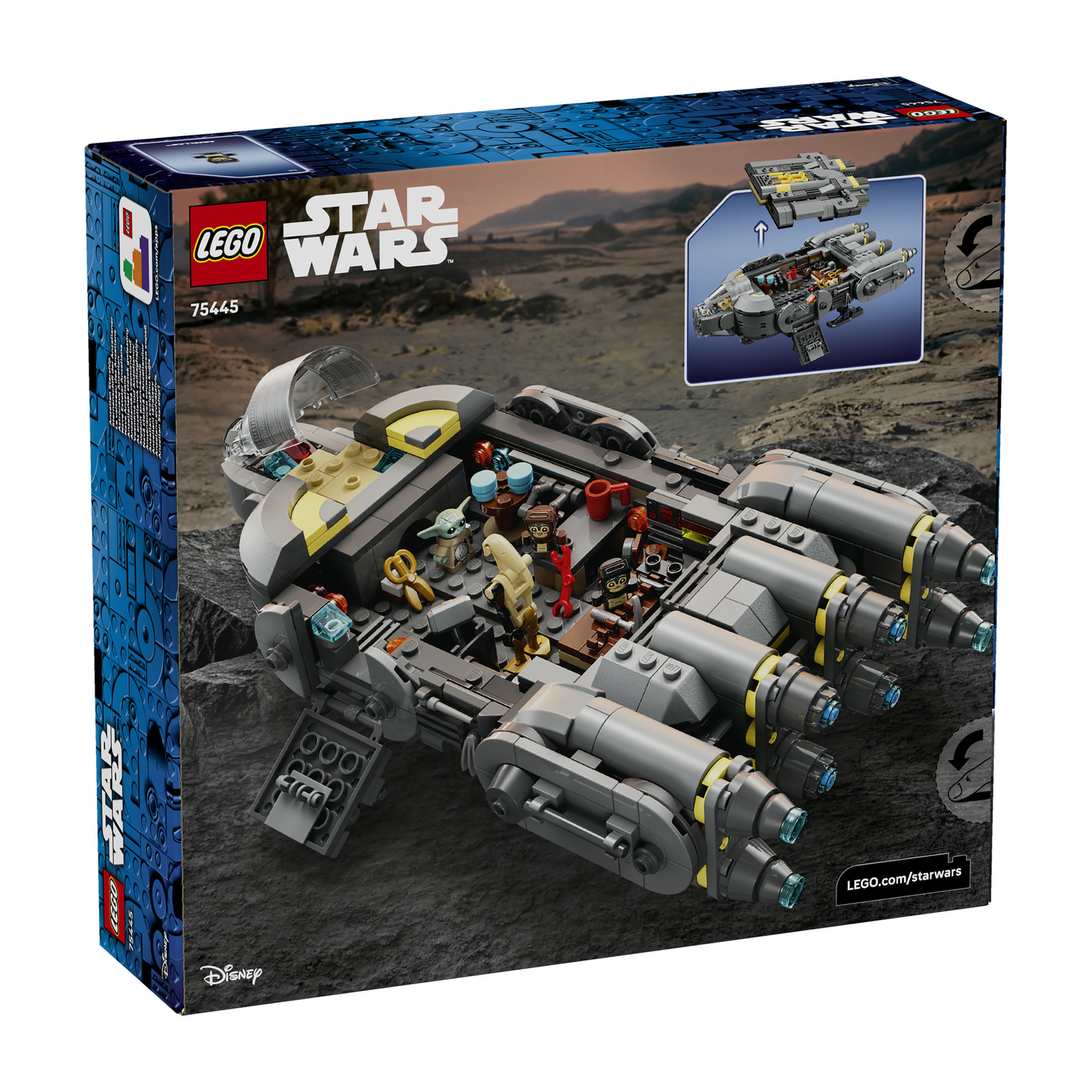 Scatola Lego Star Wars 75445 con modello di astronave grigia e minifigure.