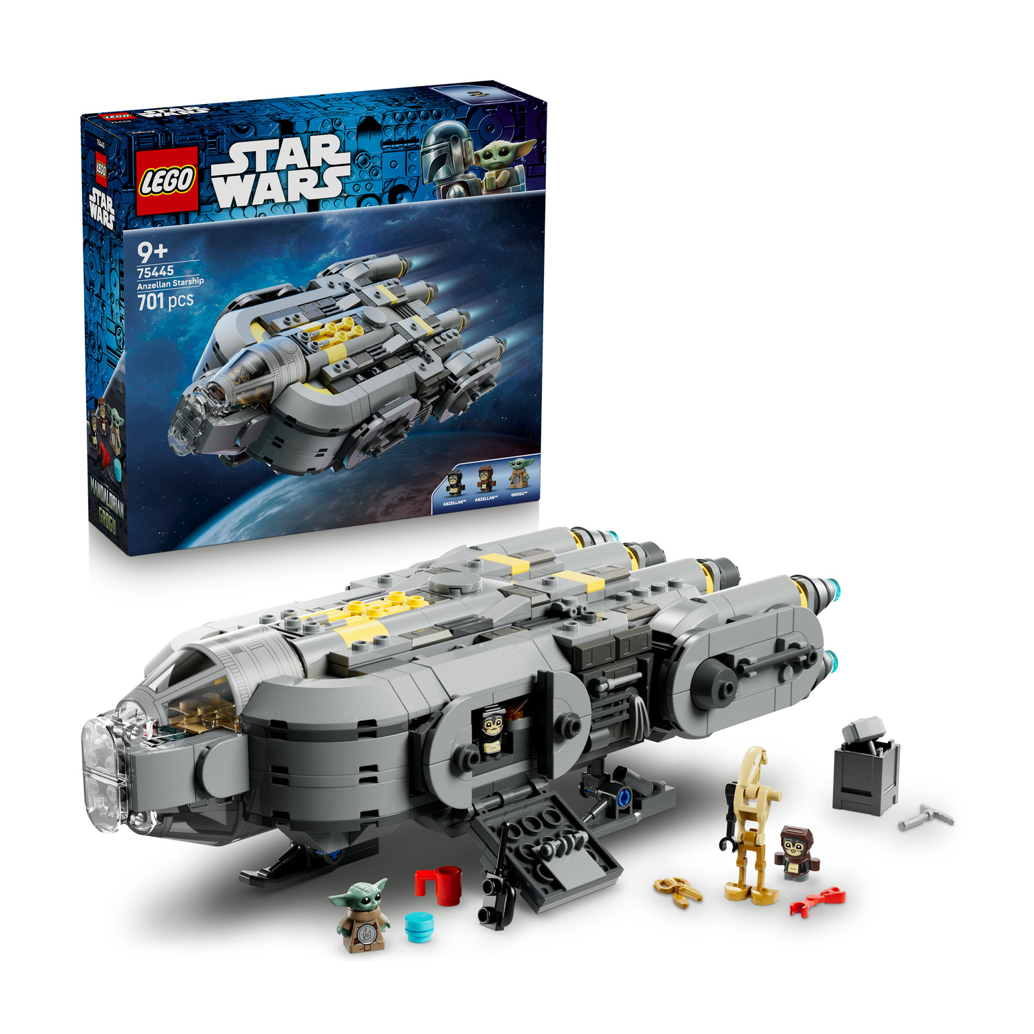 Set Lego Star Wars con nave grigia Anzellan, minifigure e scatola su sfondo bianco.