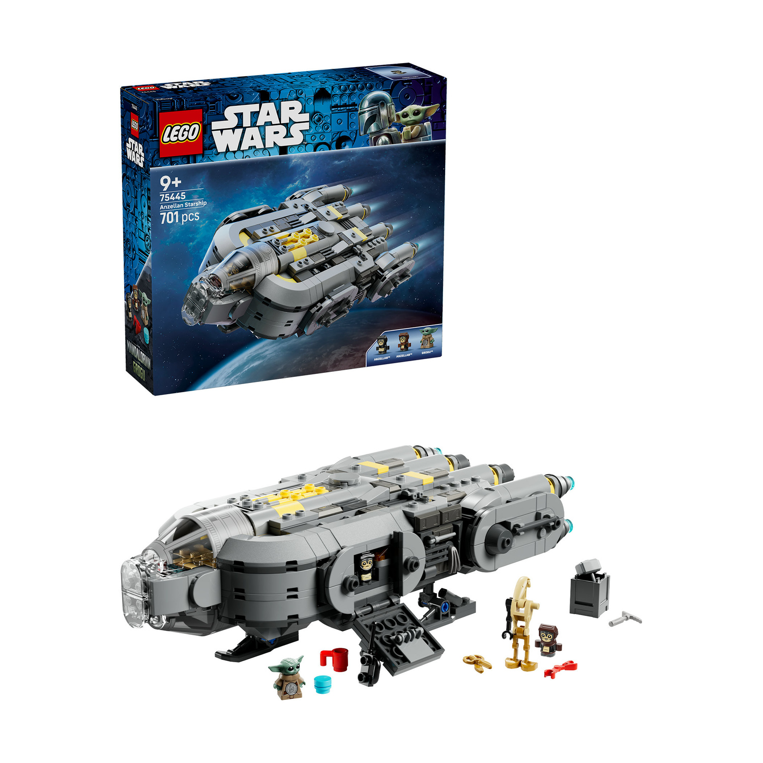 Scatola del set Lego Star Wars Anzellan Starship con modello di astronave, minifigure e accessori mostrati sotto.