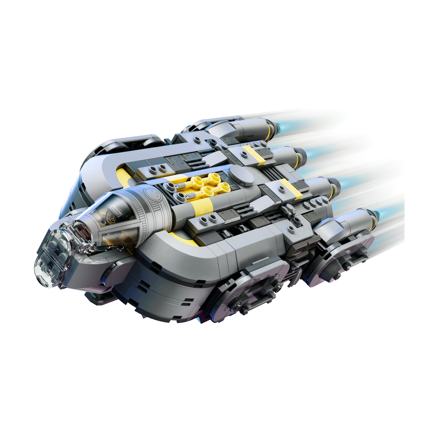 Astronave Lego grigia e gialla in volo con scia di propulsione blu su sfondo bianco.