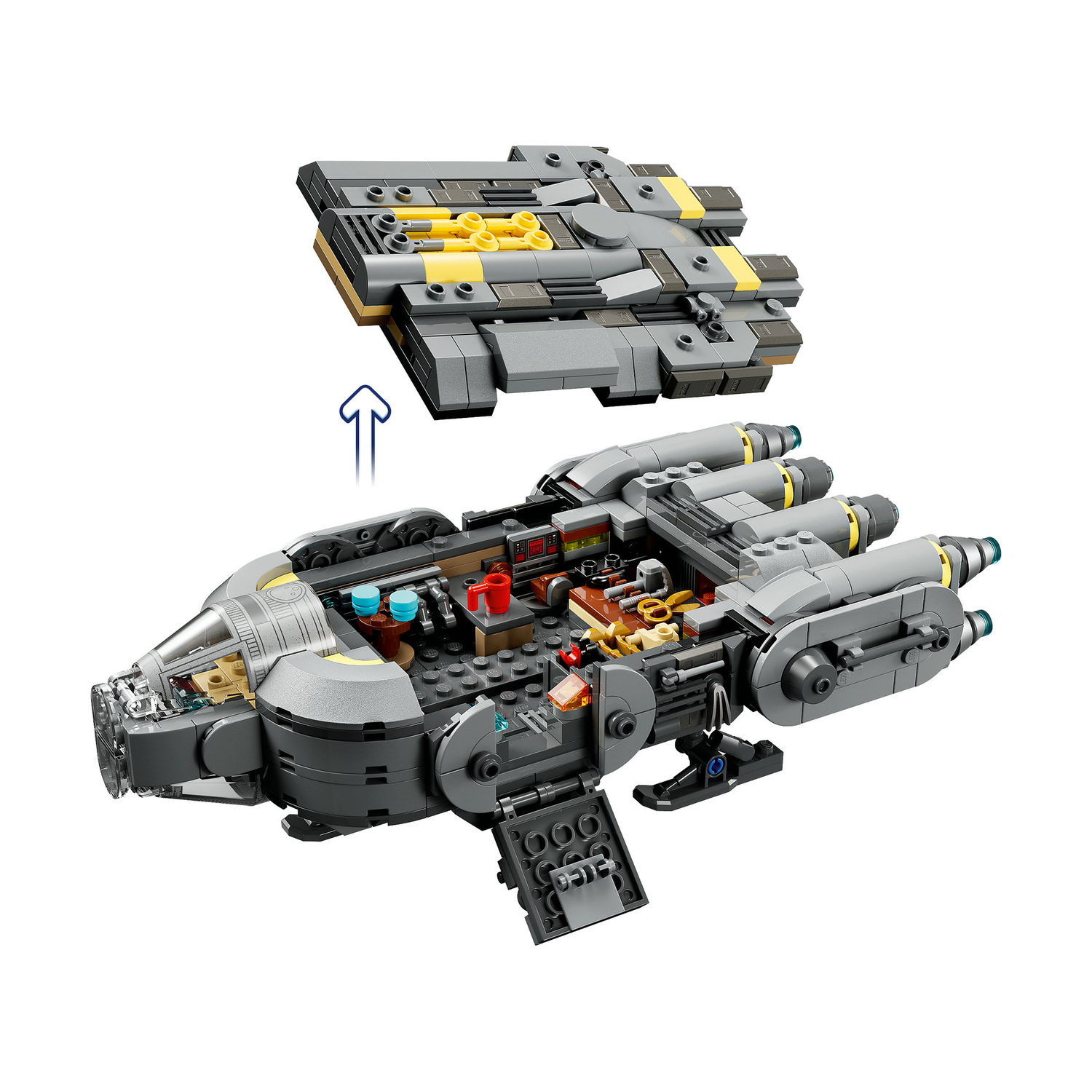Astronave LEGO grigia con tetto rimovibile e interni dettagliati.