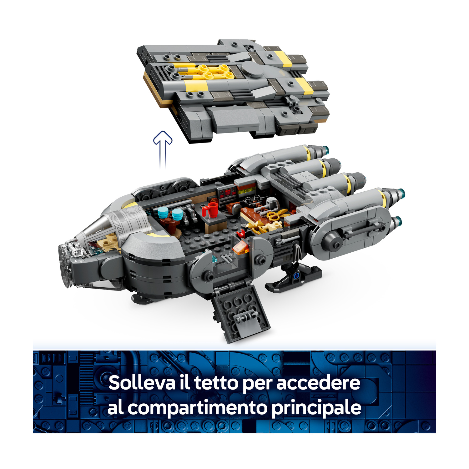 Astronave Lego grigia con tetto rimovibile e interno dettagliato.