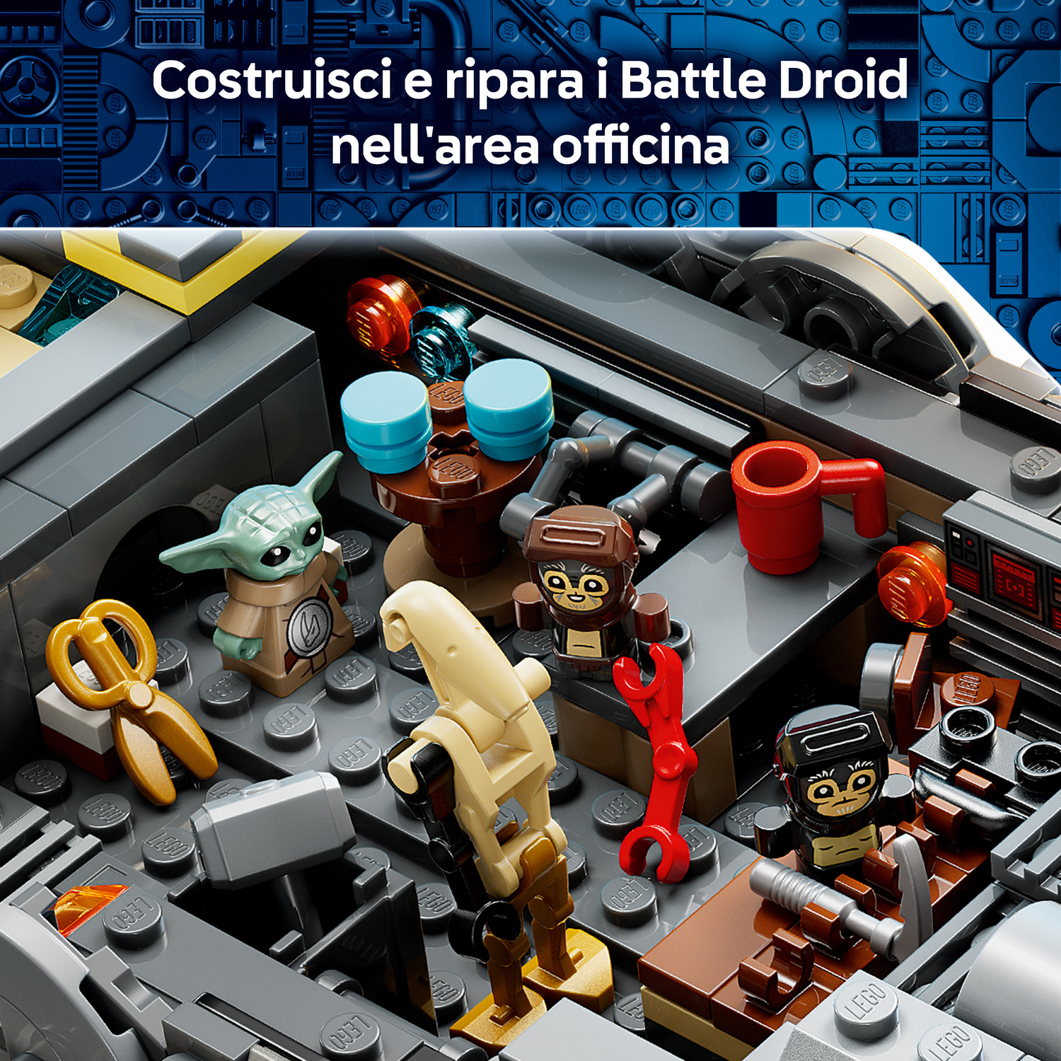 Scena di officina Lego con Grogu, un droide da battaglia e strumenti.