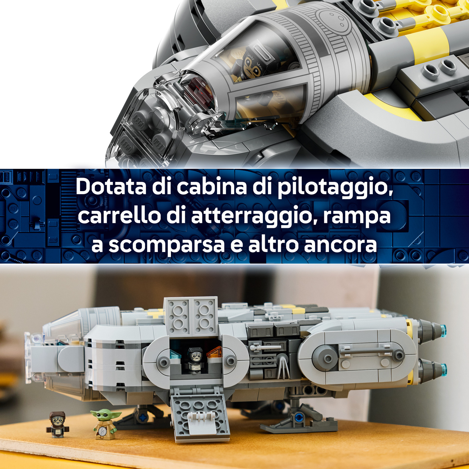 Astronave Lego con minifigure e cabina aperta, posizionata su tavolo in legno.