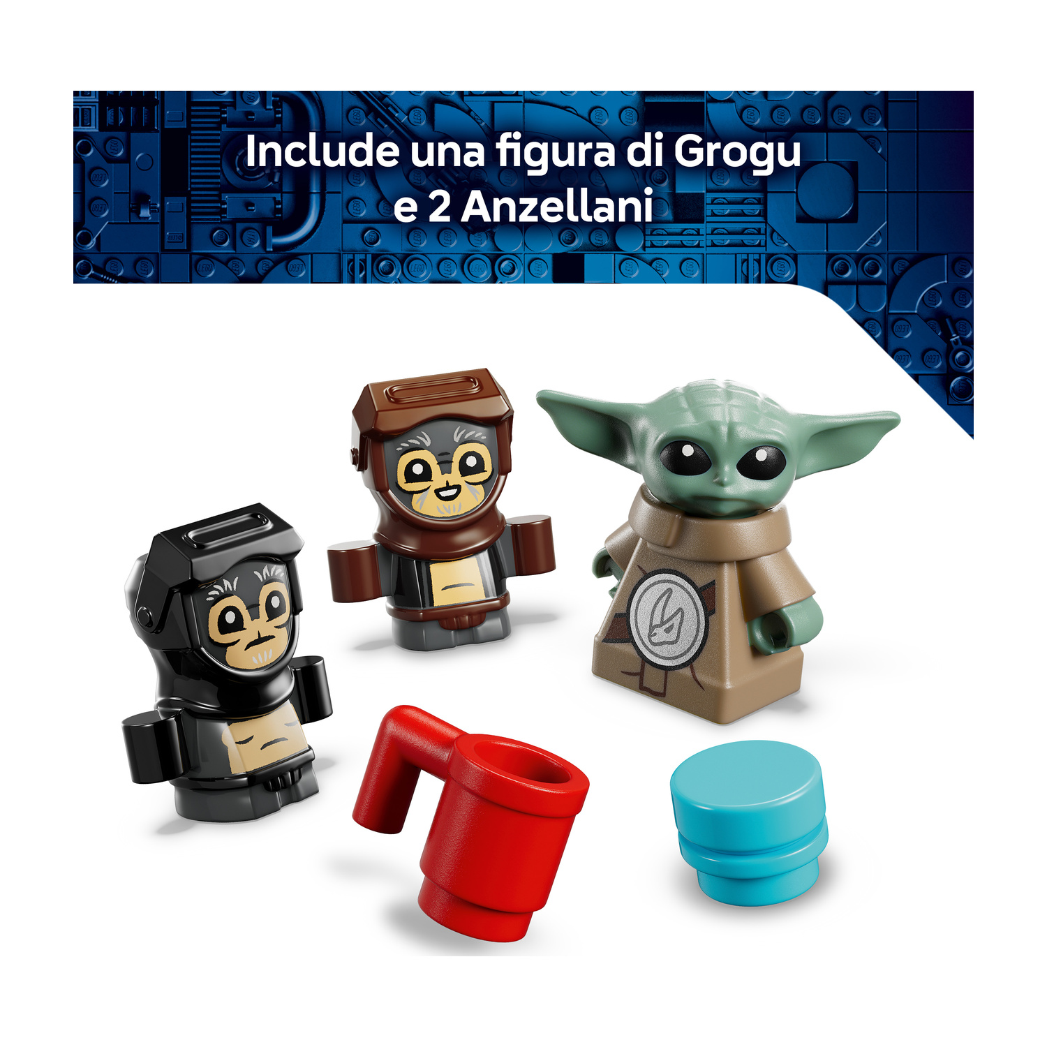 Minifigure Lego di Grogu e due figure di Anzellani con tazze rosse e blu.