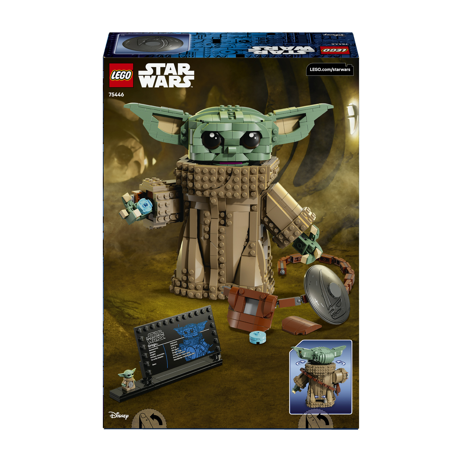Figura Lego Star Wars Grogu su una scatola, con accessori e targa.