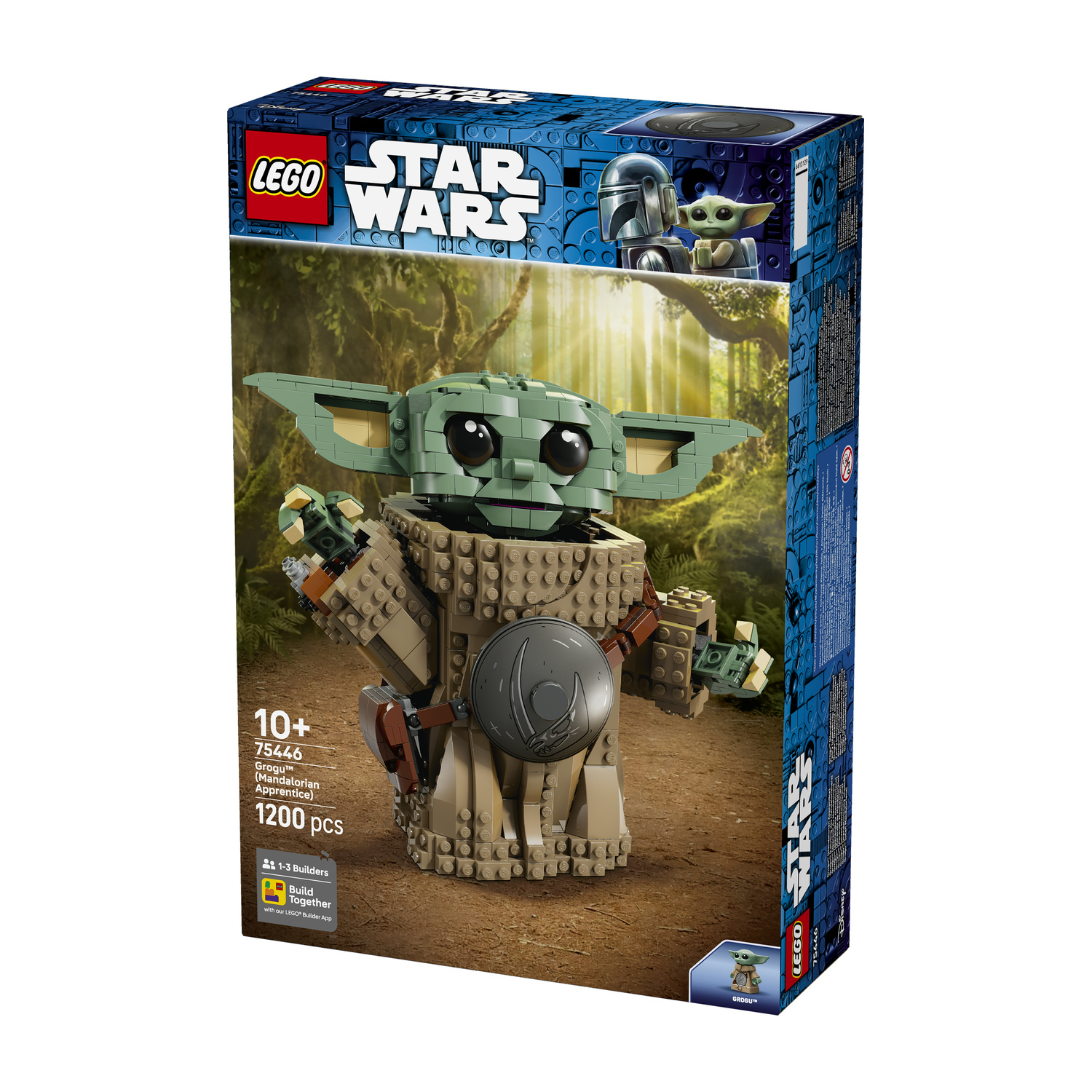 La scatola del set Lego Star Wars Grogu mostra una figura costruibile in un bosco.