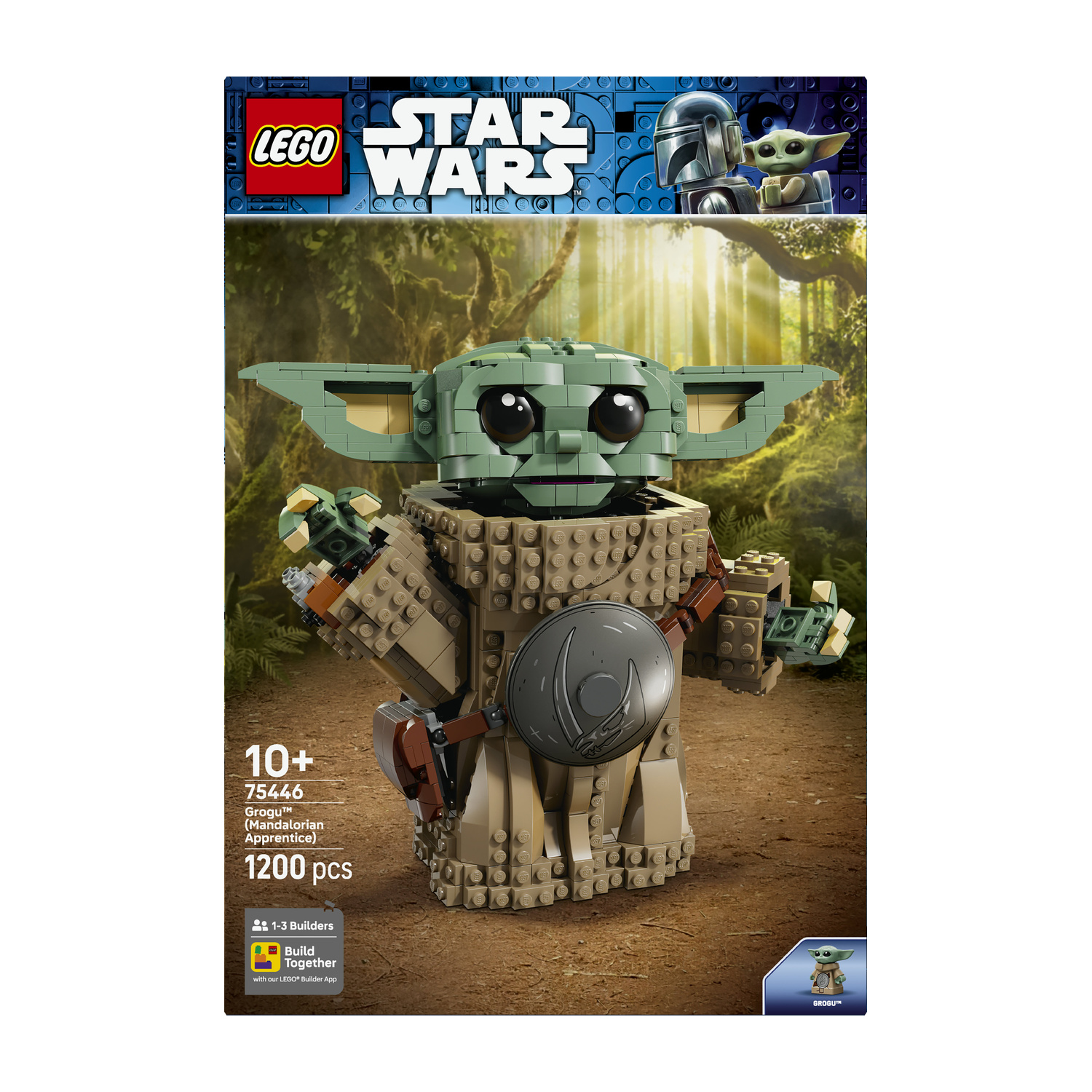 Scatola set costruzioni Lego Star Wars Grogu con una statuetta in mattoncini in un bosco.