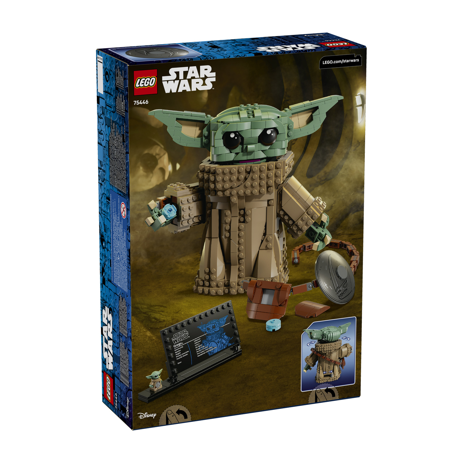 Una scatola Lego Star Wars Grogu mostra il personaggio verde costruito, una targa e accessori.