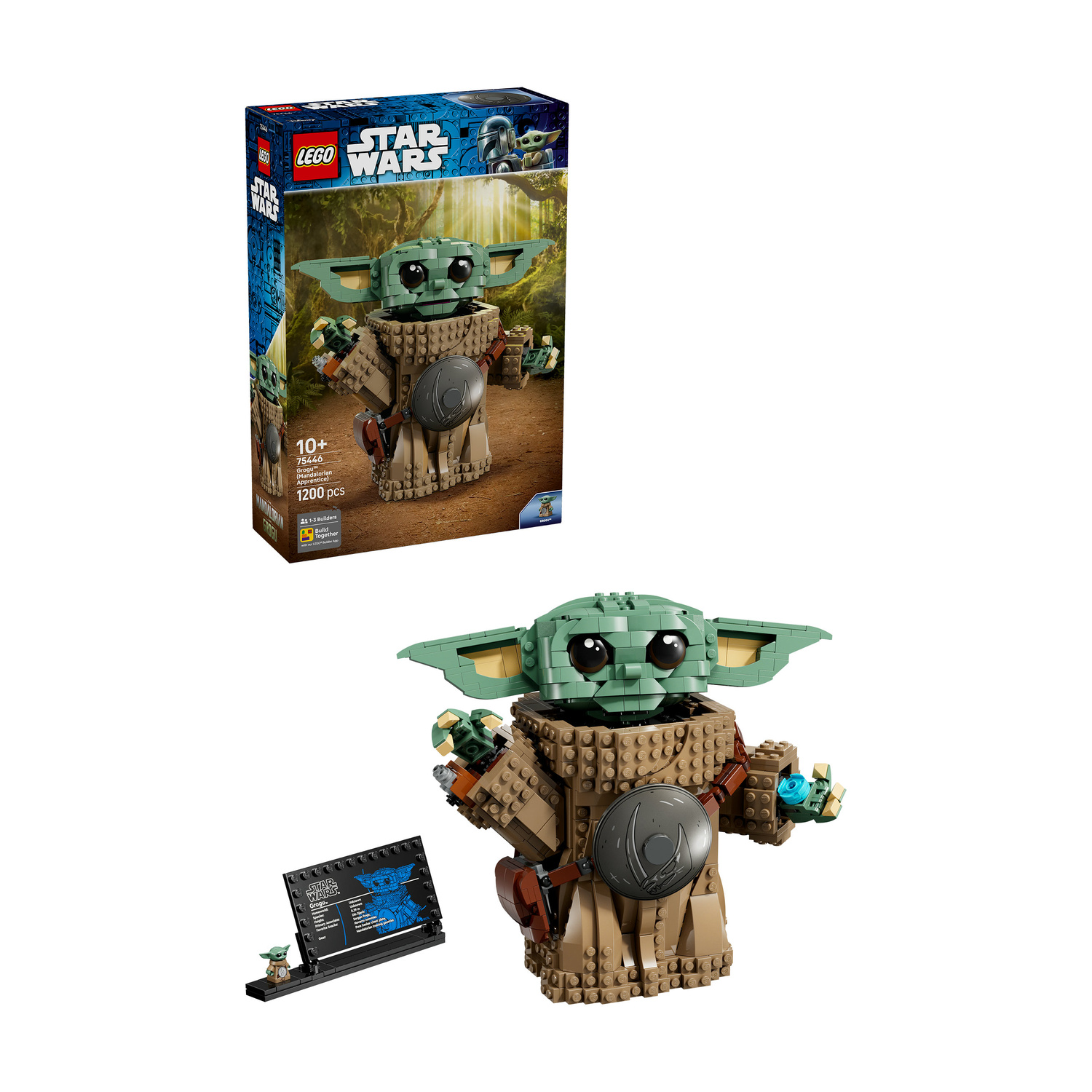 Figura Lego Star Wars di Grogu con cappotto marrone, accessori e targa informativa su sfondo bianco con la scatola.