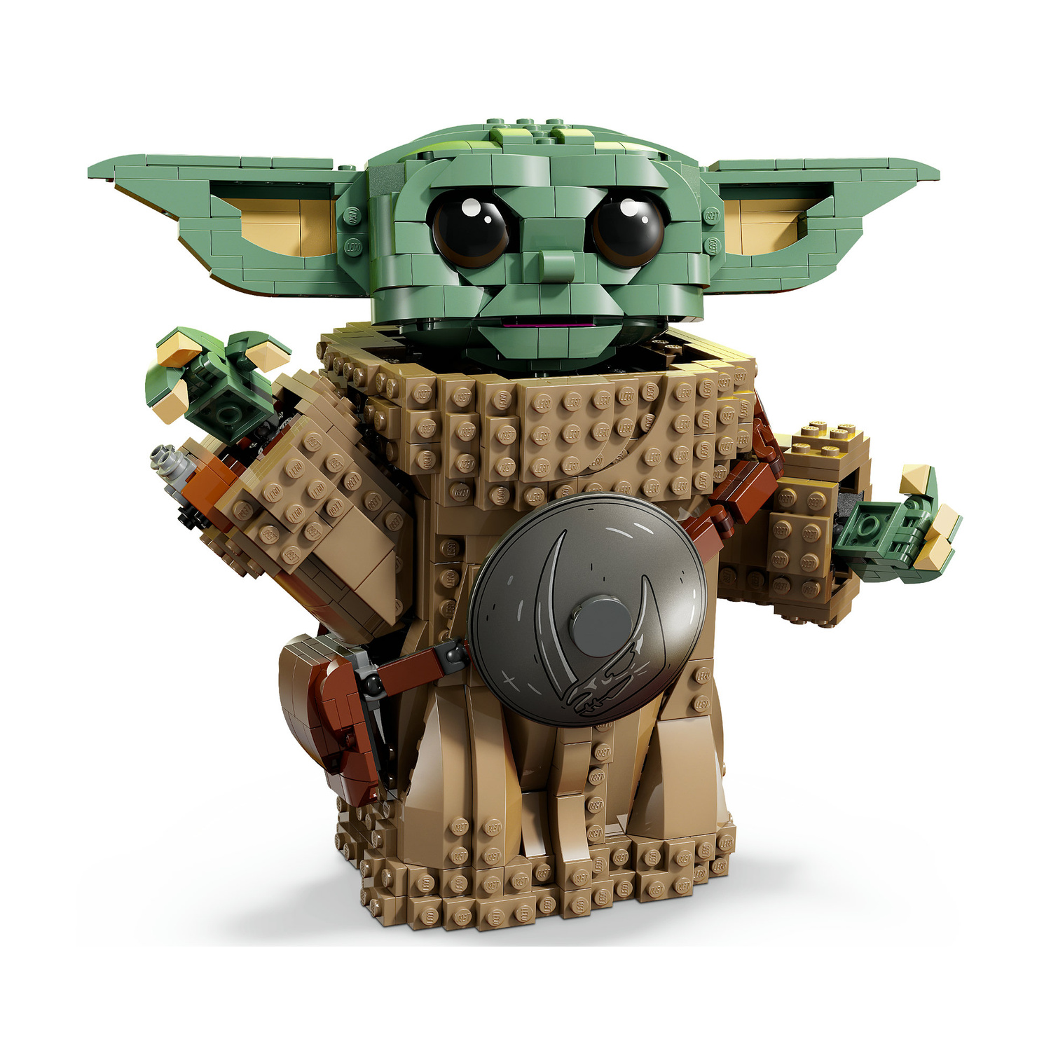 Una figura Lego di Grogu da Star Wars con grandi occhi neri, una veste beige e una ciotola.