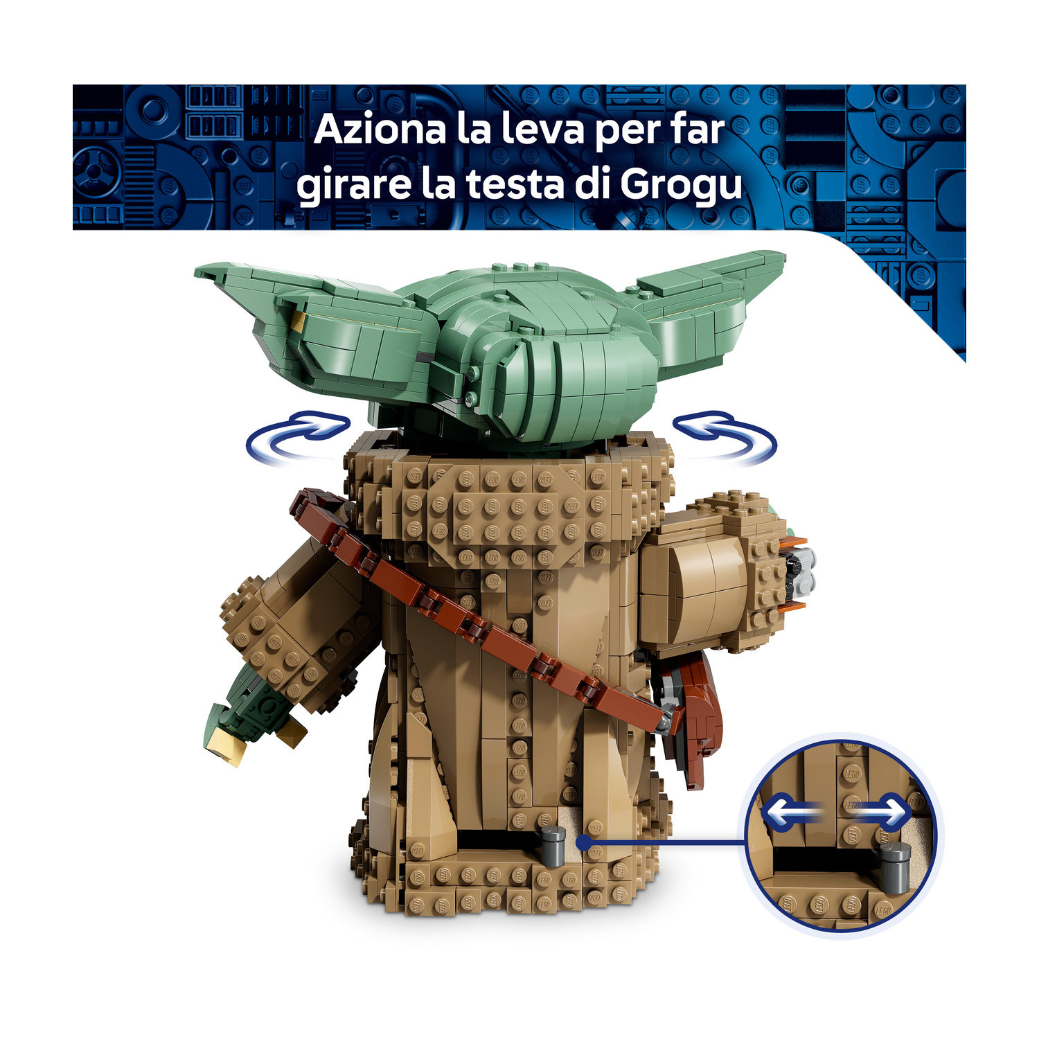 Figura Lego di Grogu con leva alla base per girare la testa.