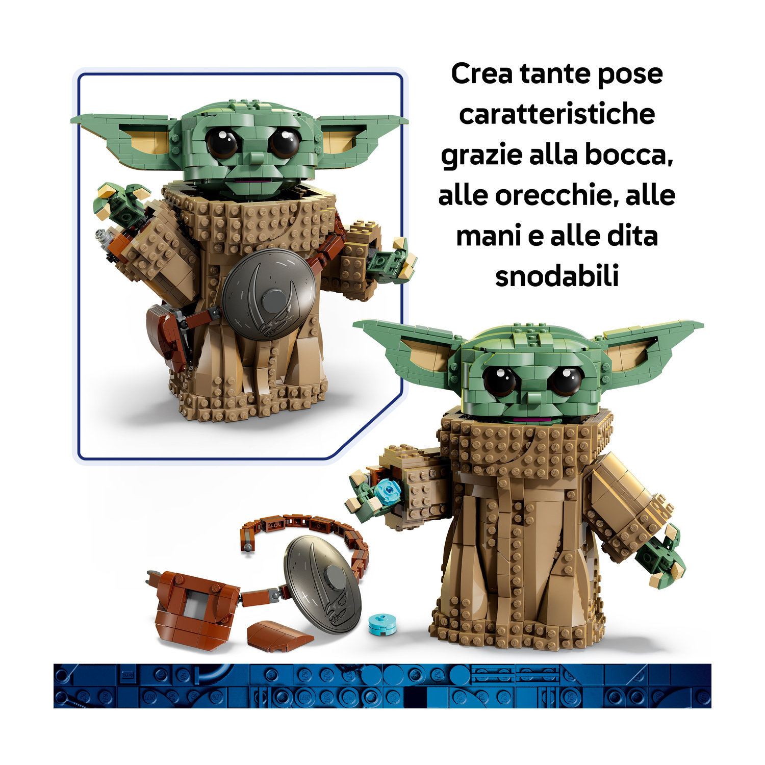 Figura Lego di Grogu con orecchie, bocca e mani snodabili, con ciondolo argento.
